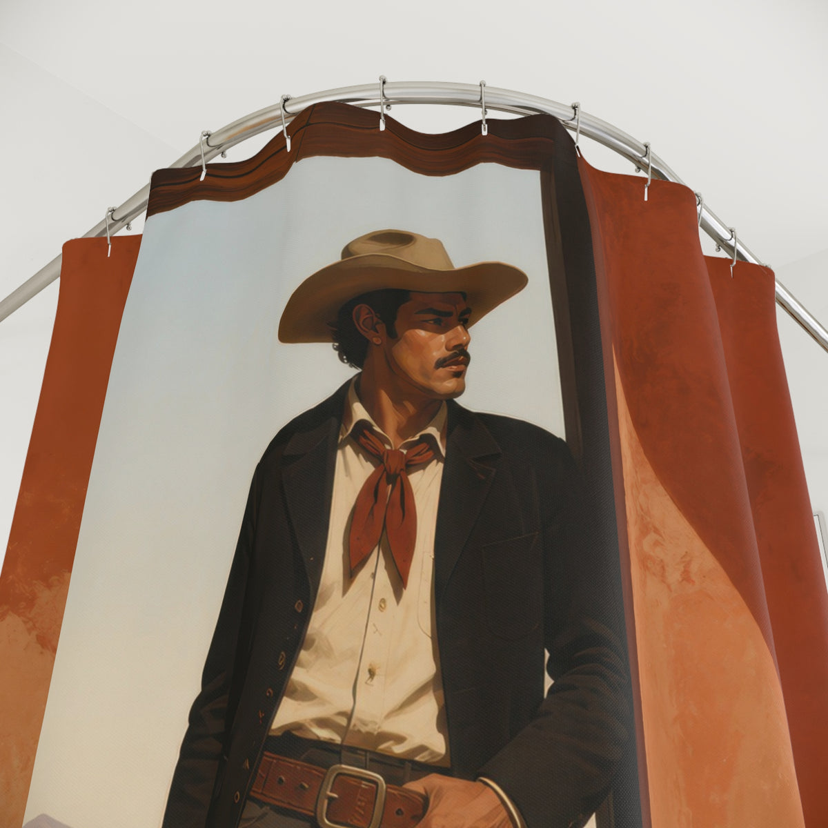 Full-length cowboy standing in a sunlit adobe doorway shower curtain with close-up print, hooks, and folds