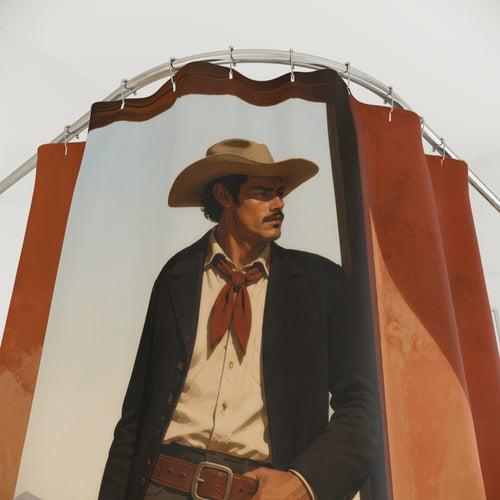 Full-length cowboy standing in a sunlit adobe doorway shower curtain with close-up print, hooks, and folds