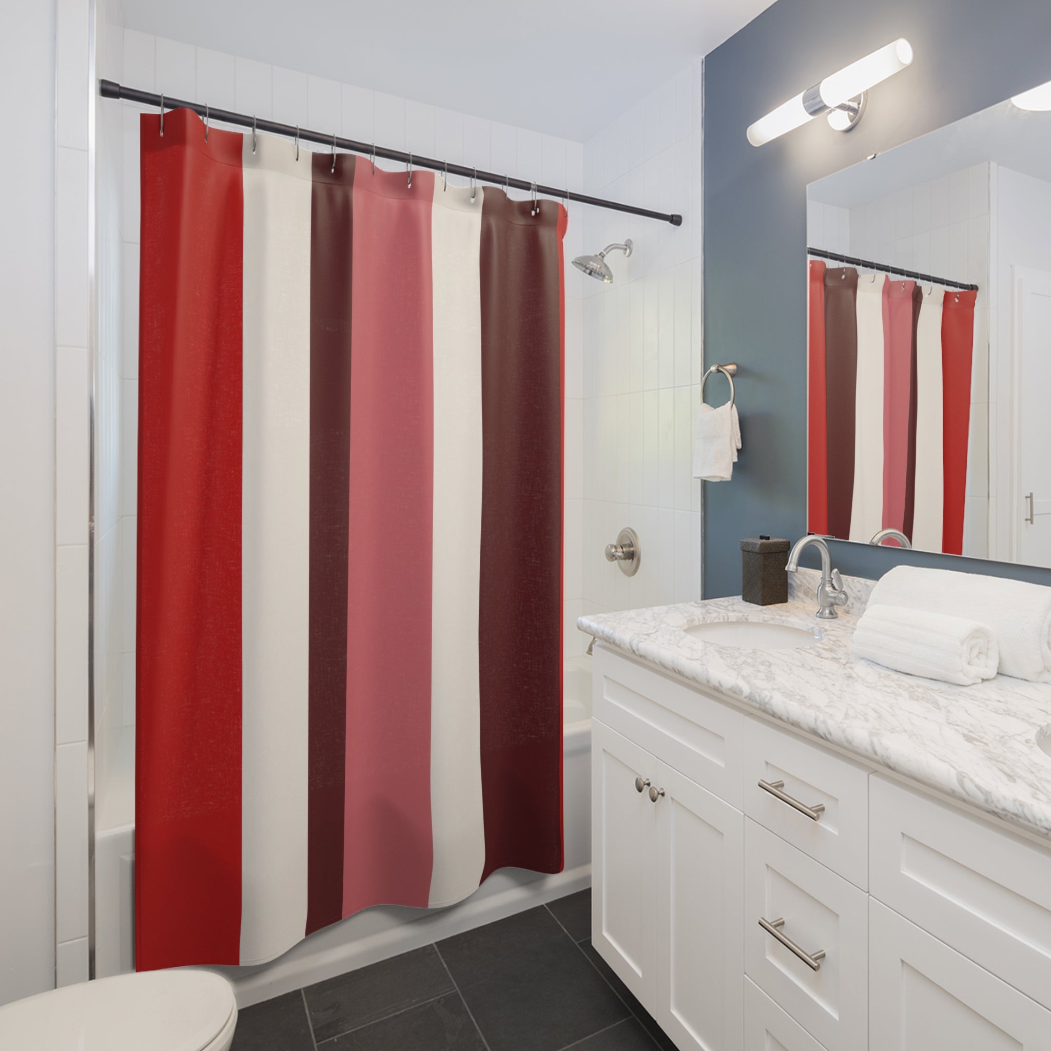Bold Red Block Stripe Shower Curtain, Red Burgundy Modern Bathroom Decor, Modern Stripe Bath Curtain, Guest Bath Decor, Small Bathroom Decor