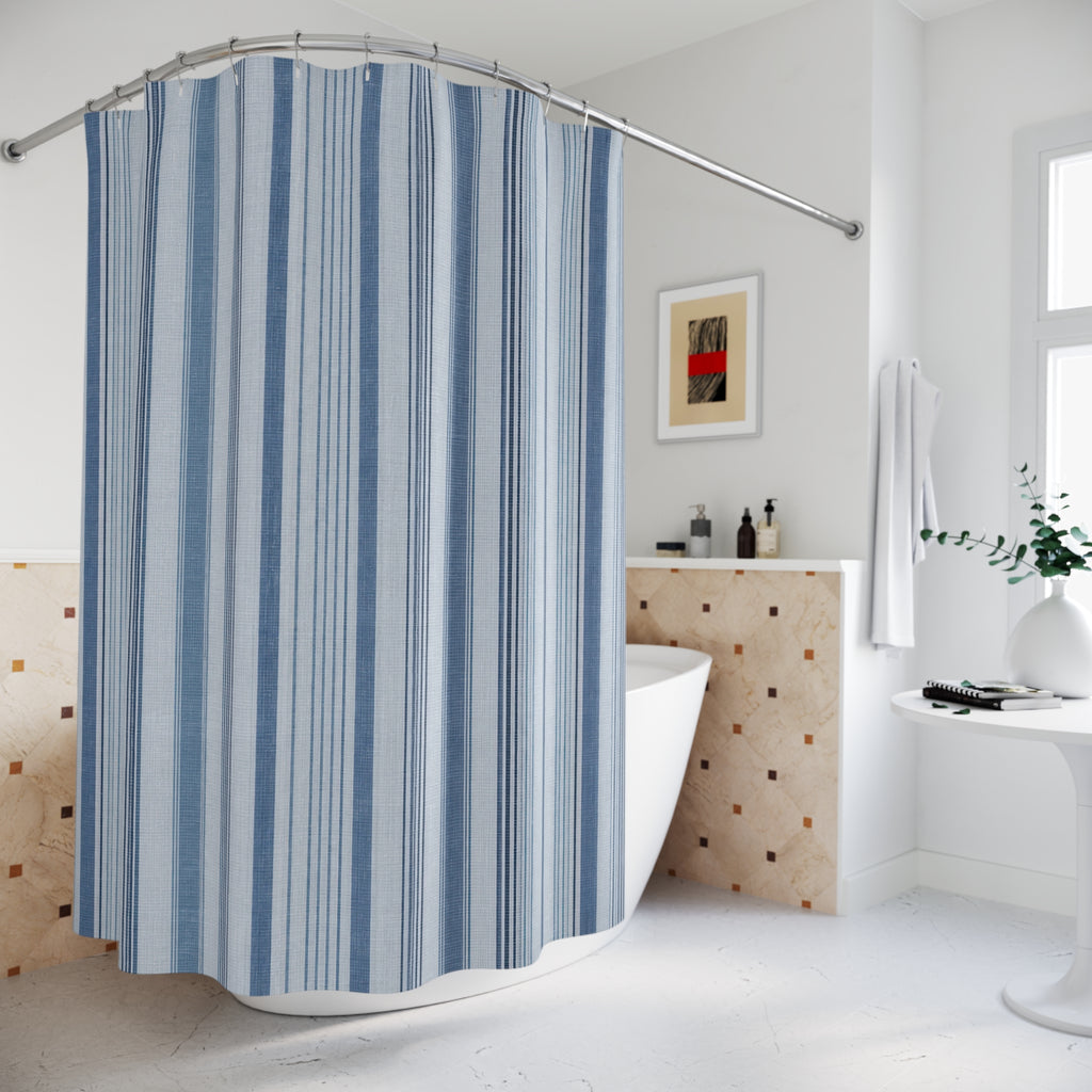 Navy Pale Blue Fine Vertical Stripes Shower Curtain
