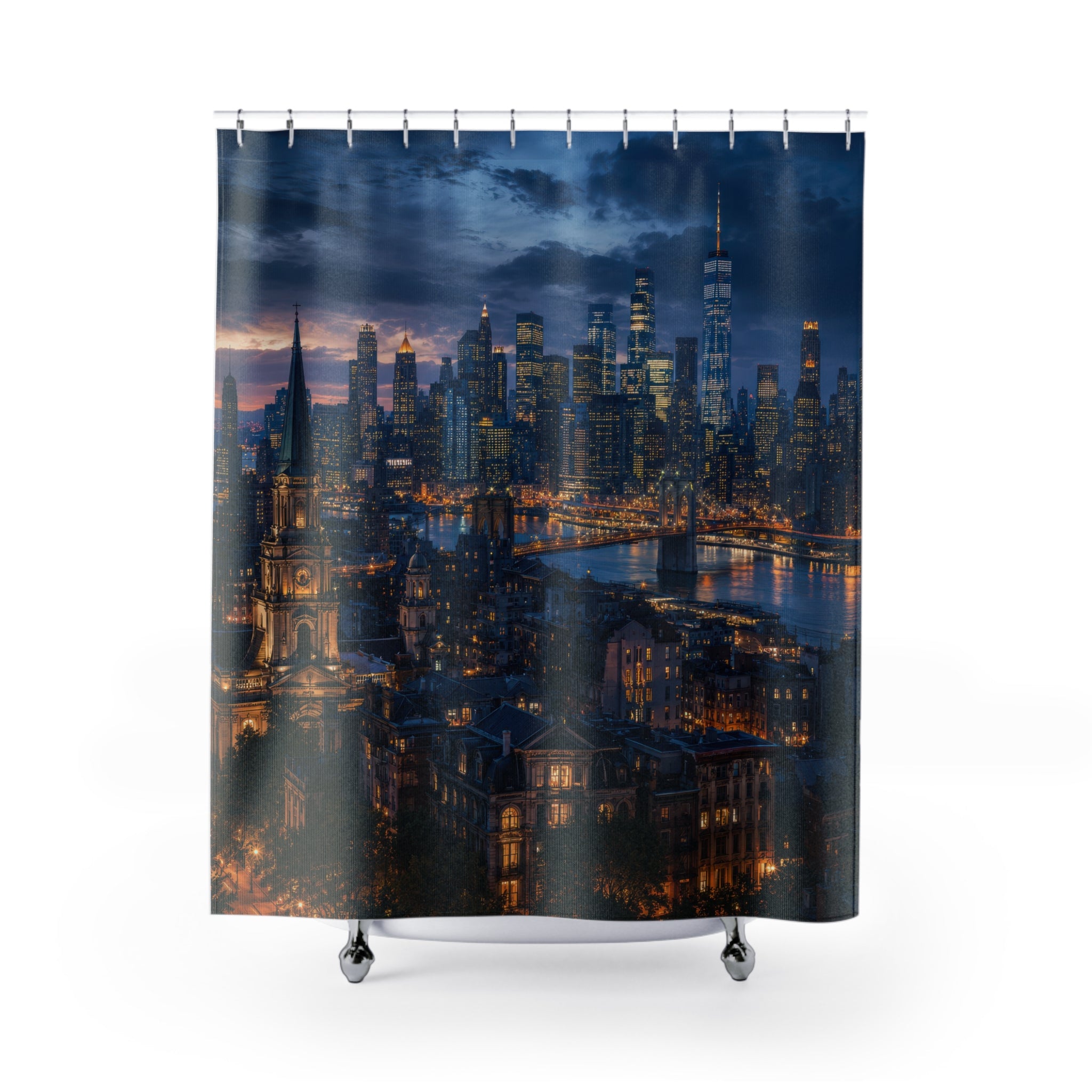 City Skyline Shower Curtain: Navy Blue Night