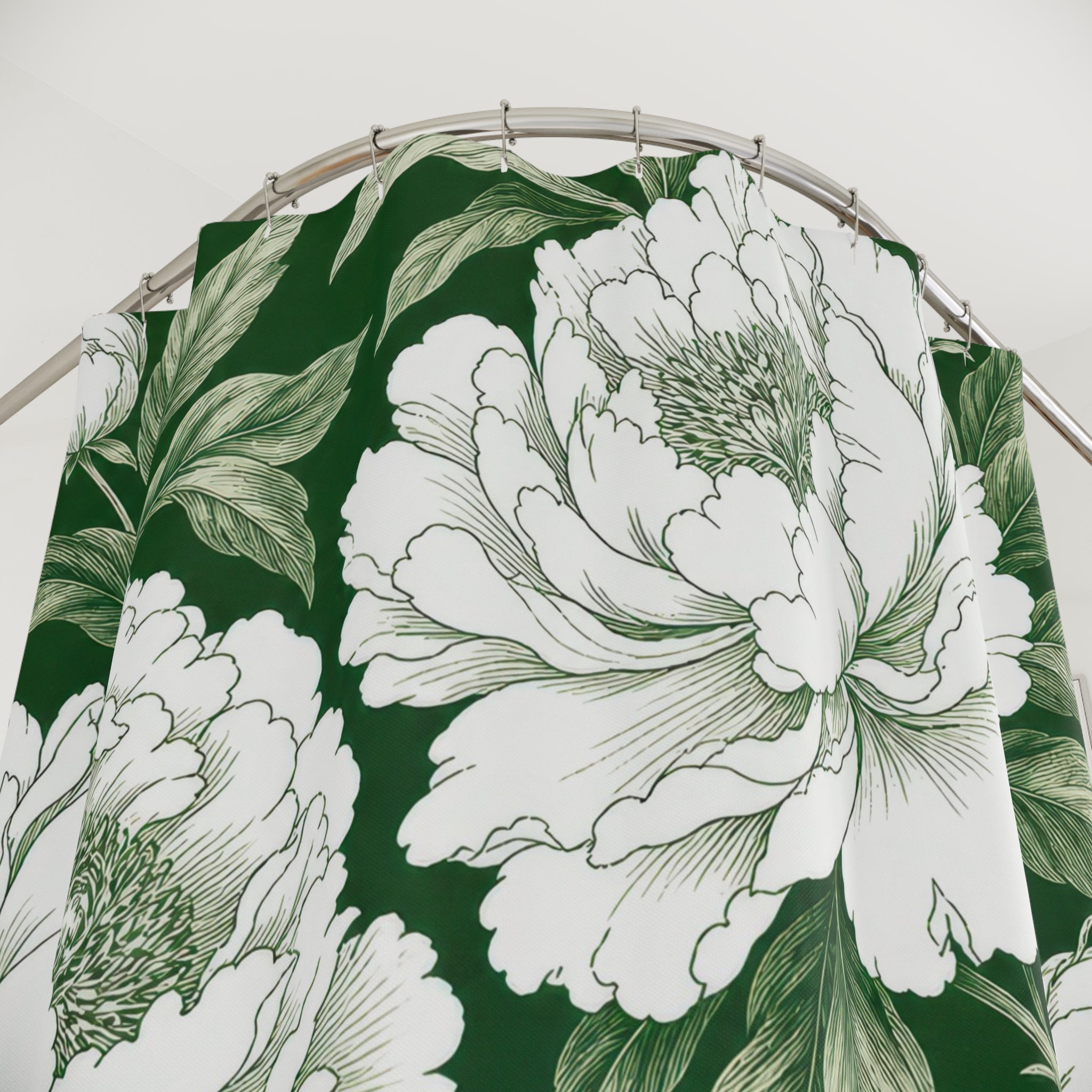 Green White Peony Botanical Shower Curtain