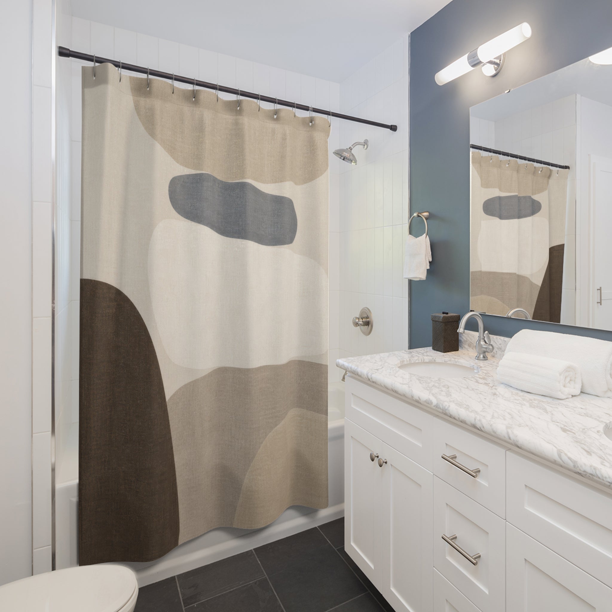 Abstract Shower Curtain, Blue Grey Neutral Shape Pattern, Beige Modern Bathroom Decor, Soft Minimal Guest Bath Art Style