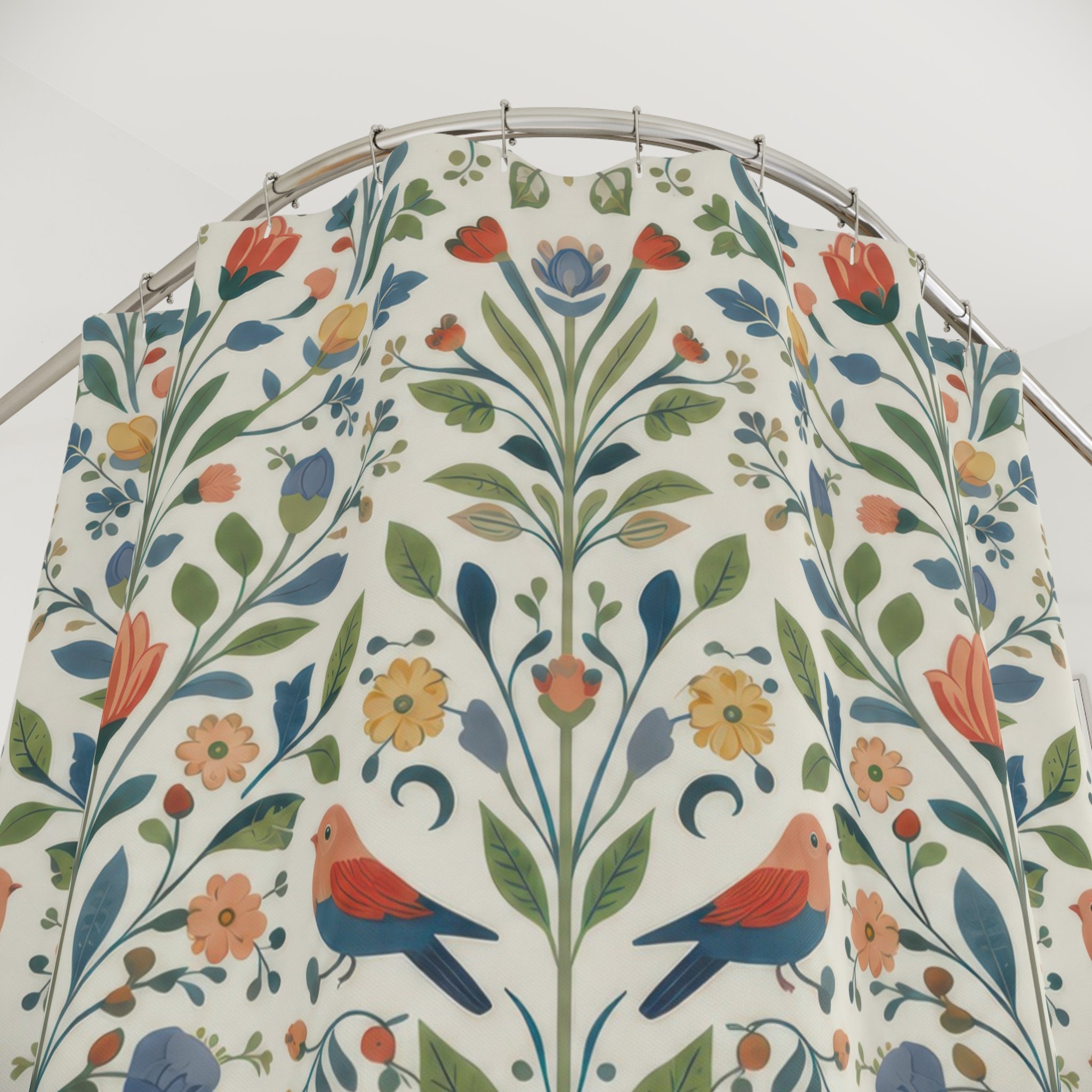 Scandinavian Floral Bird Folk Art Shower Curtain