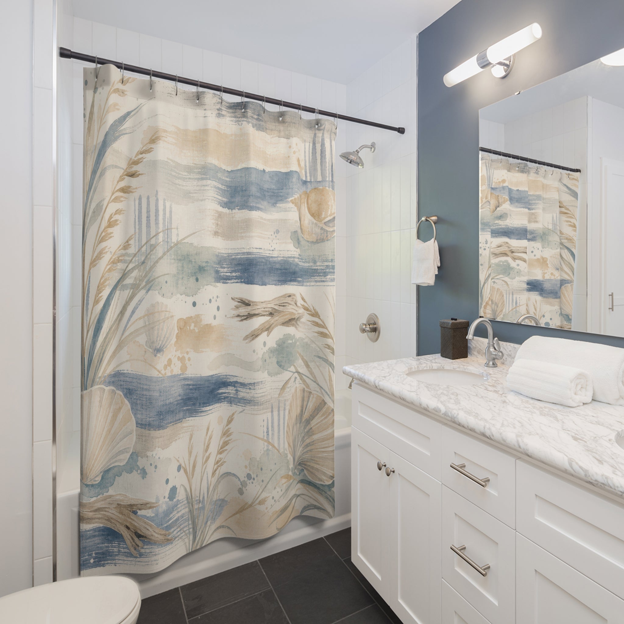 Coastal Farmhouse Beach Cottage Cottagecore Beige Blue Shower Curtain