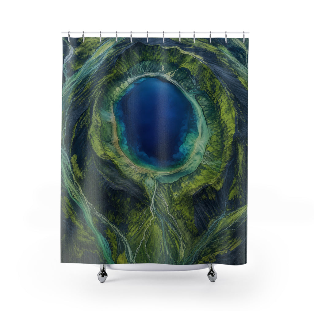 Blue and Green Aerial Crater Lake Shower Curtain