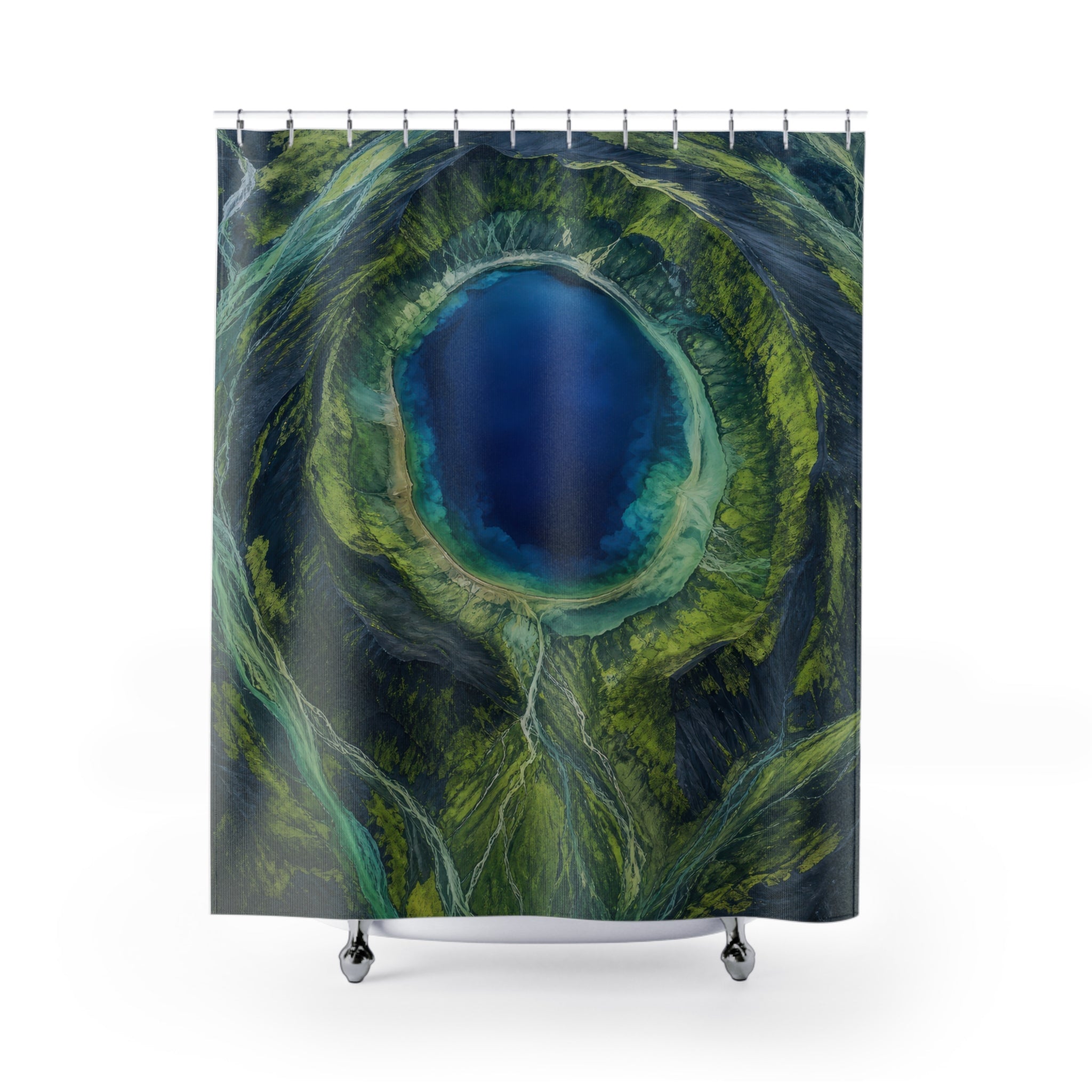 Blue and Green Aerial Crater Lake Shower Curtain