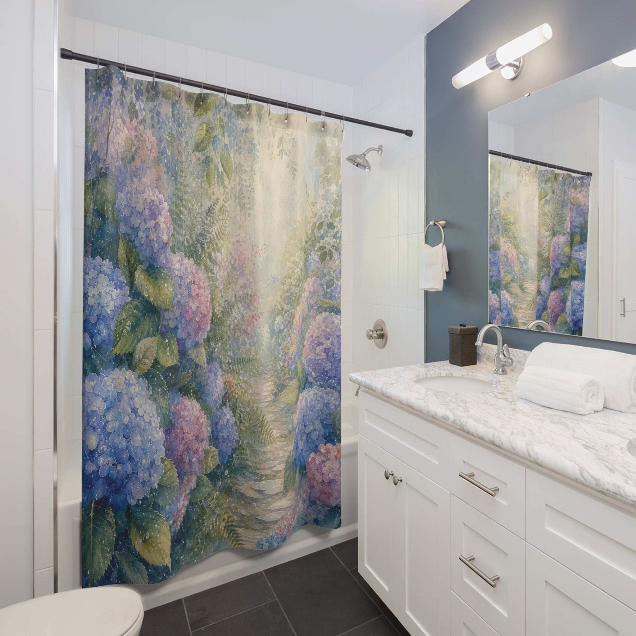 Rainlit Hydrangea Path Shower Curtain