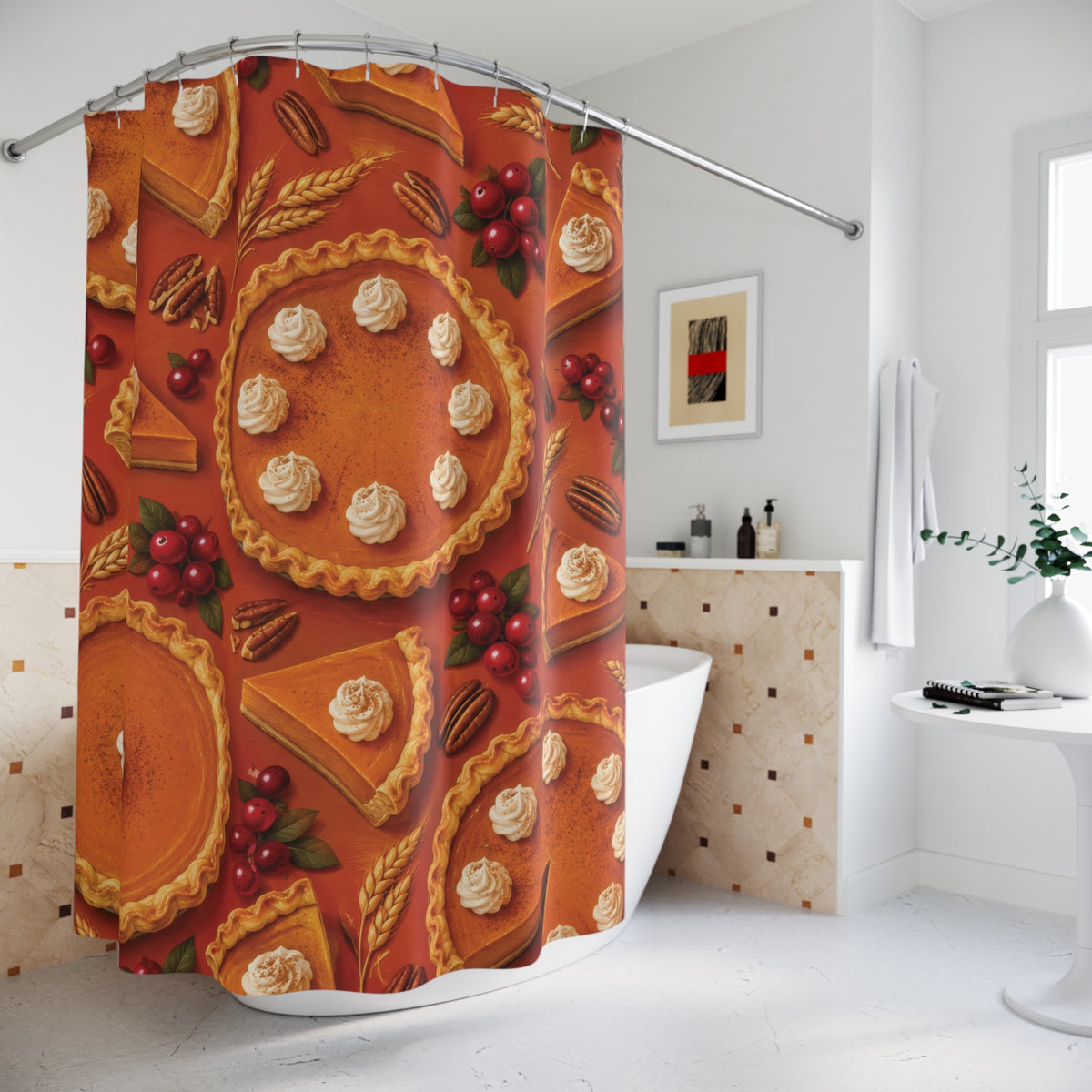 Orange pumpkin pies with cream, cranberries and pecans shower curtain beside a freestanding tub