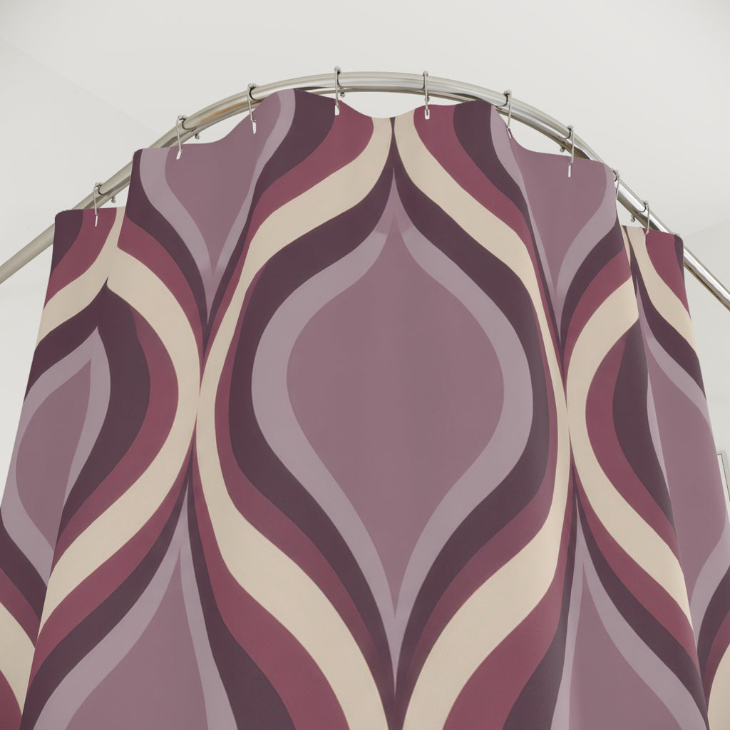 Mauve nested ogee ribbon pattern in plum and lilac shower curtain with close-up print, hooks, and folds