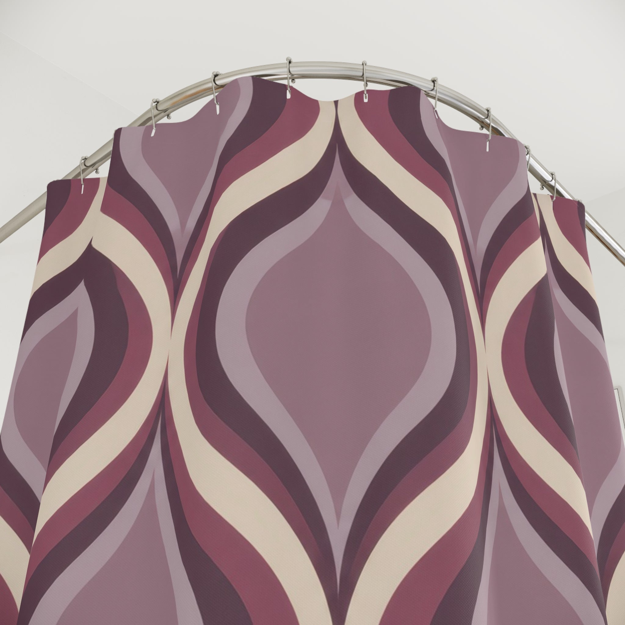 Mauve nested ogee ribbon pattern in plum and lilac shower curtain with close-up print, hooks, and folds