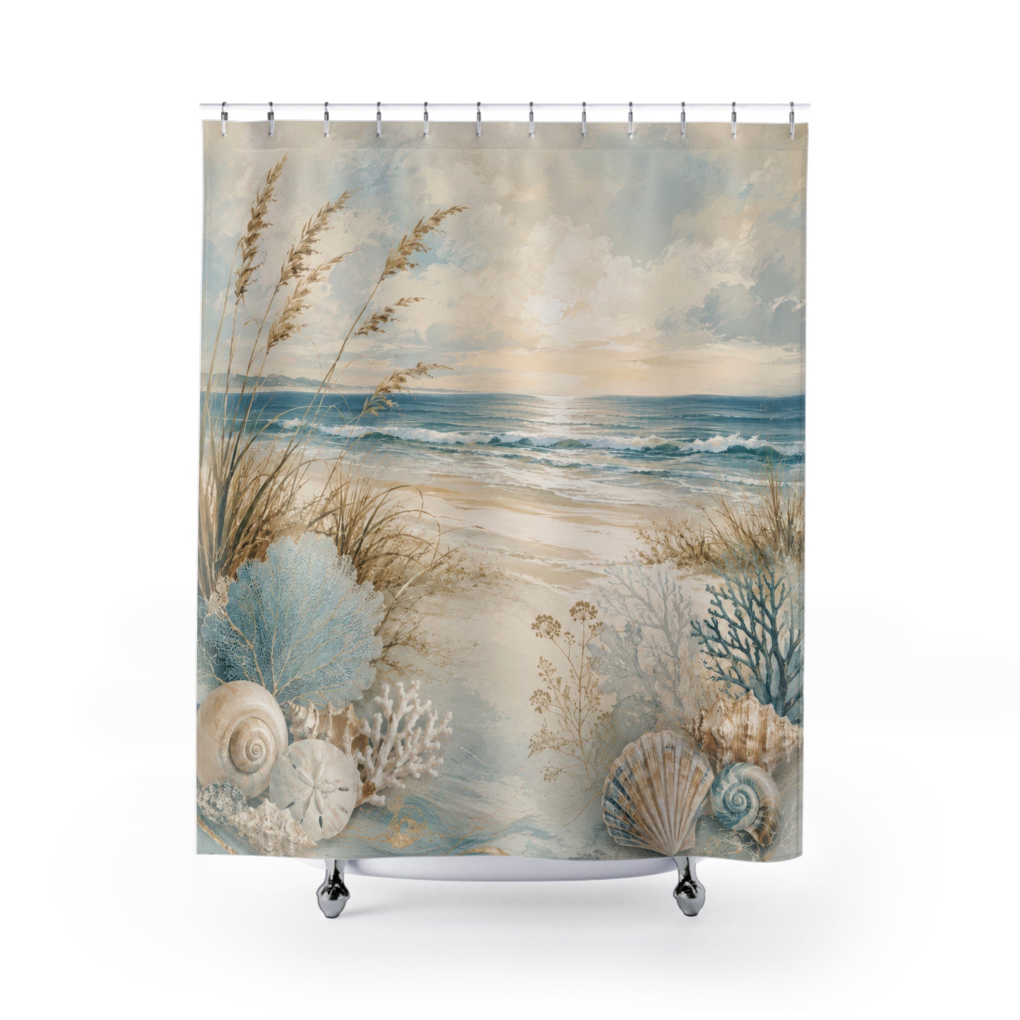 Blue Beige Shower Curtain: Coastal Beach Ocean Scene