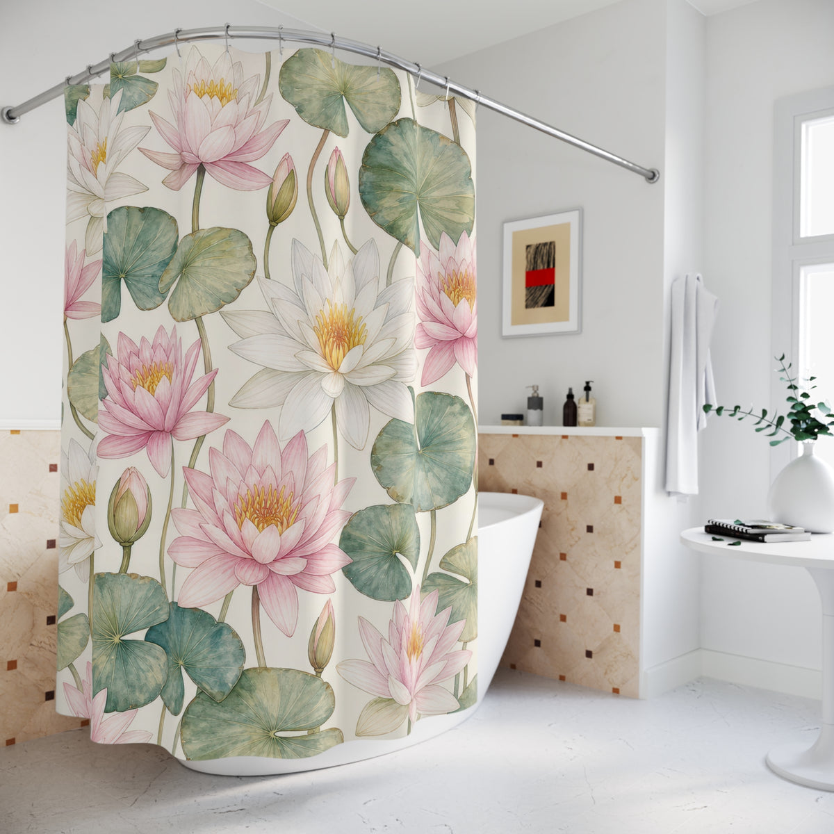 Pink White Water Lily Botanical shower curtain beside a freestanding tub