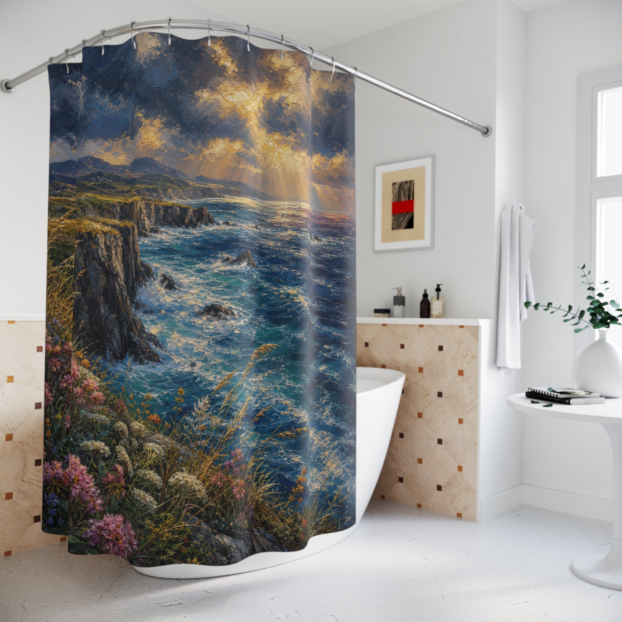 Oil Sea Cliffs Wild Grass Shower Curtain