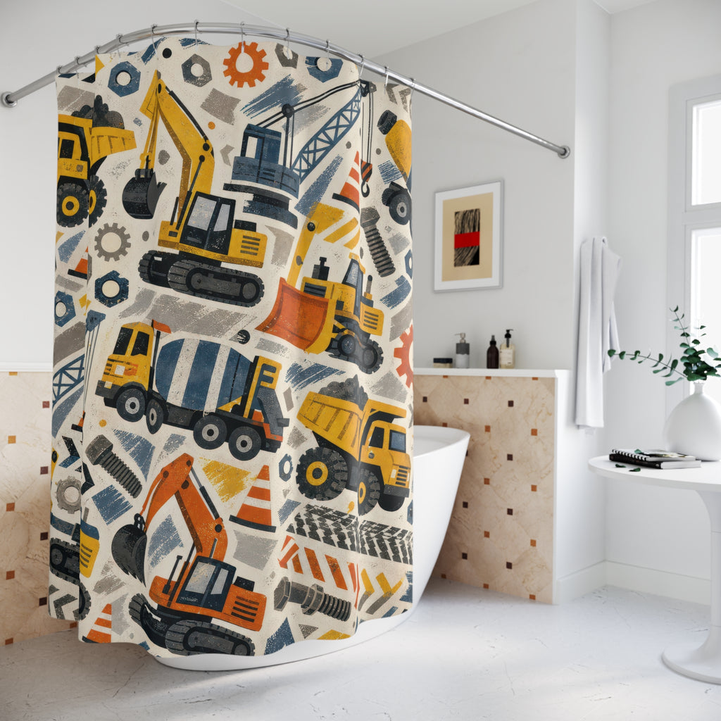 Construction Truck Shower Curtain, Excavator Kids Bathroom Decor, Dump Truck Bath Curtain, Vehicle Bathroom Art for Boys, Boys Bath Decor