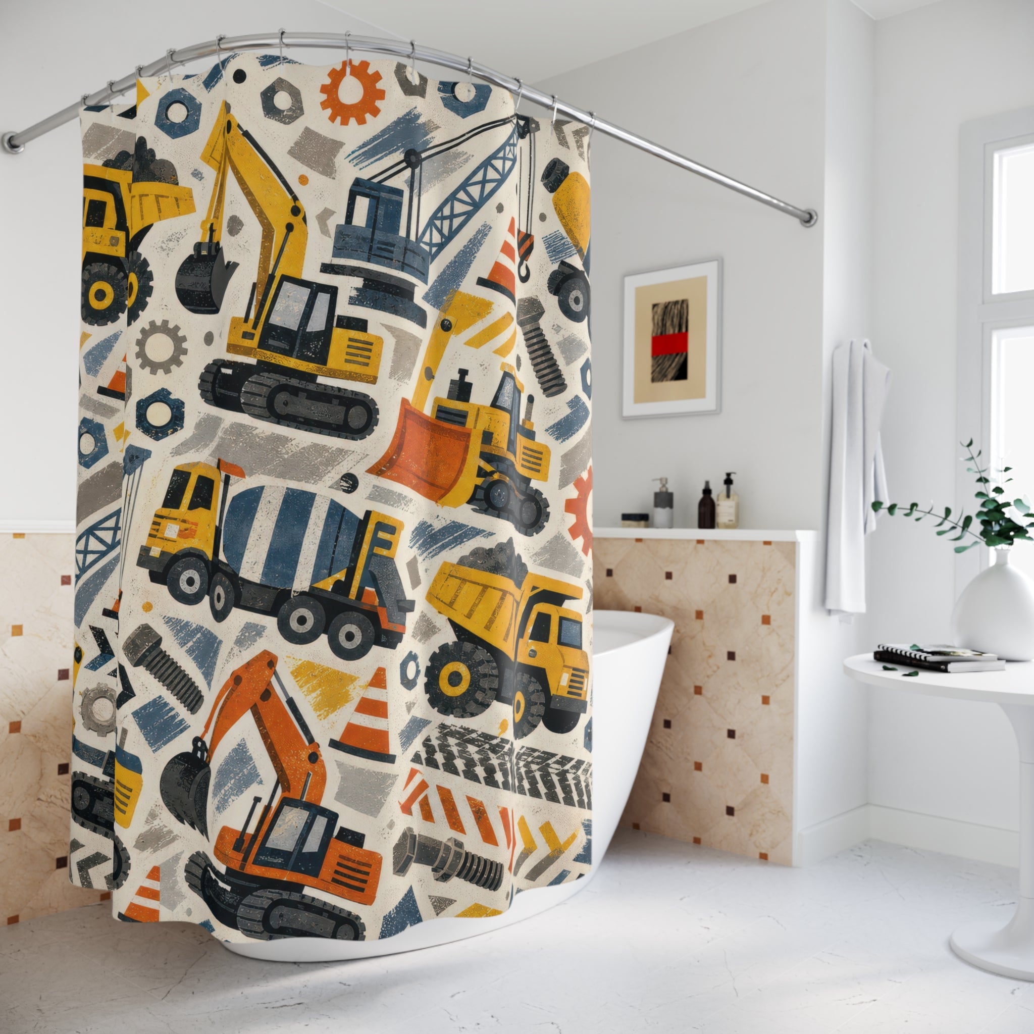 Construction Truck Shower Curtain, Excavator Kids Bathroom Decor, Dump Truck Bath Curtain, Vehicle Bathroom Art for Boys, Boys Bath Decor