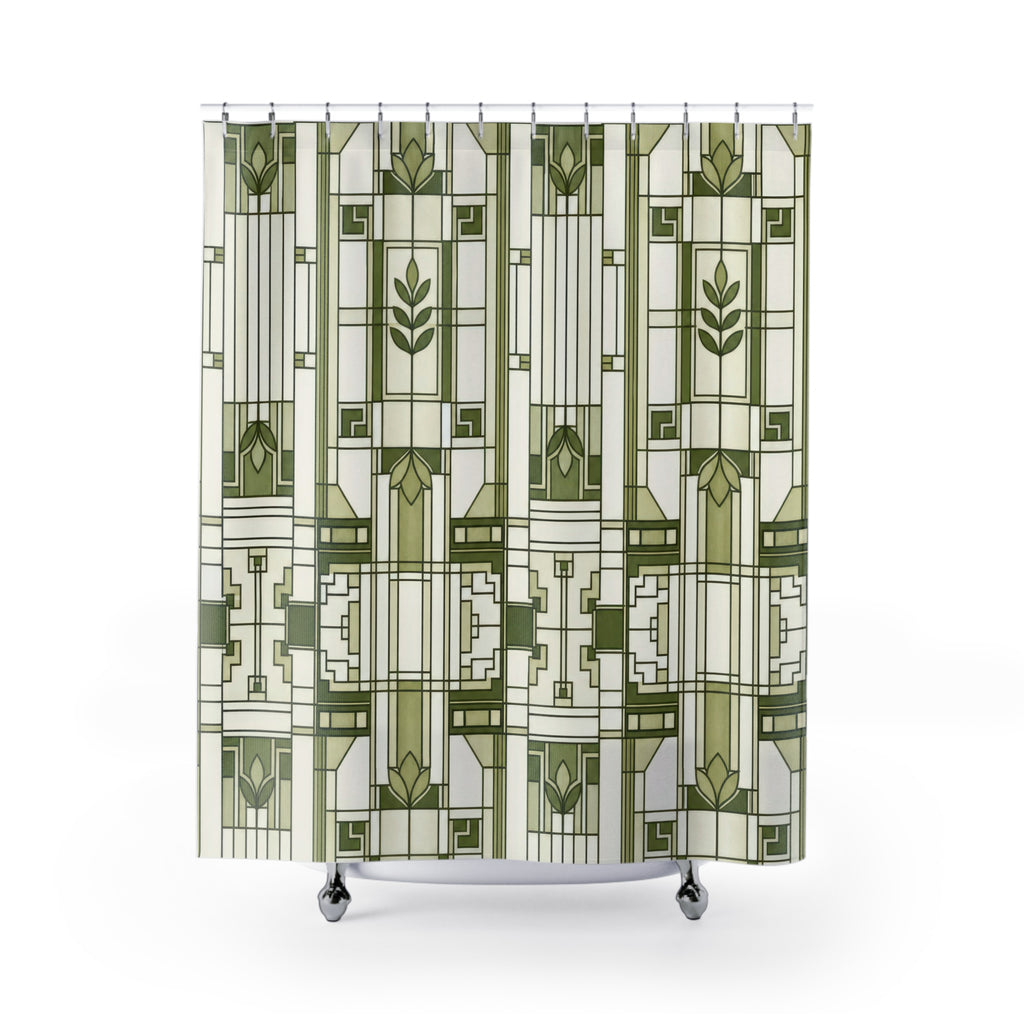 Green White Geometric Panel Shower Curtain