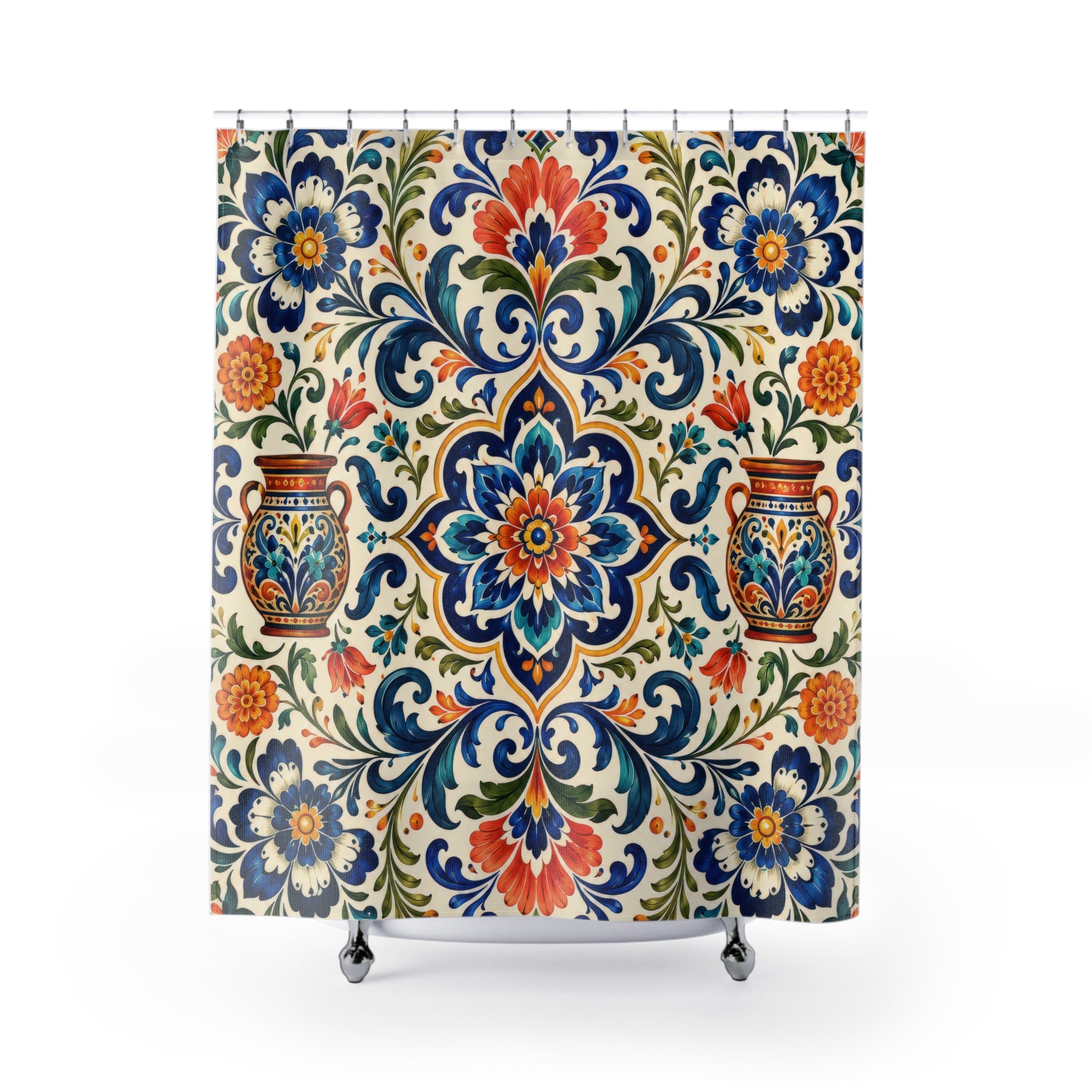 Mexican Floral Shower Curtain: Blue Orange Talavera Tile
