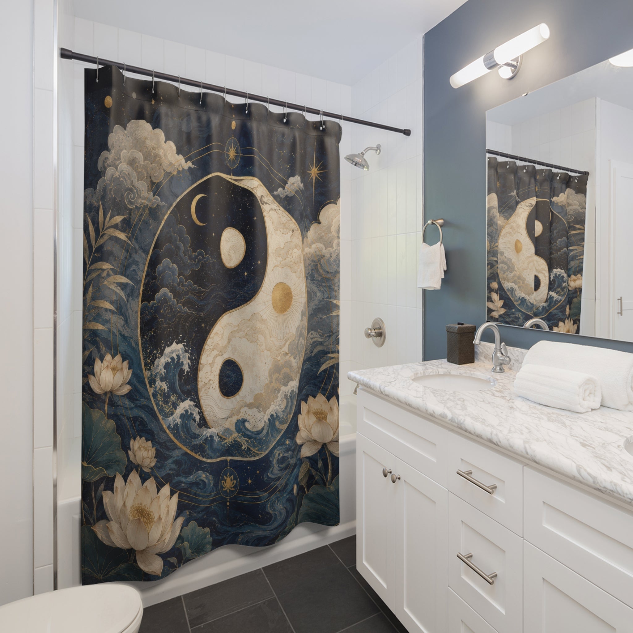 Yin Yang Shower Curtain: Celestial Navy Gold