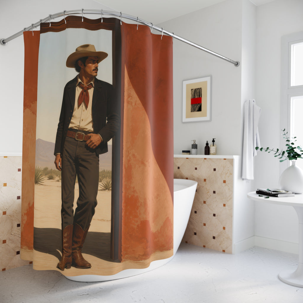 Full-length cowboy standing in a sunlit adobe doorway shower curtain beside a freestanding tub
