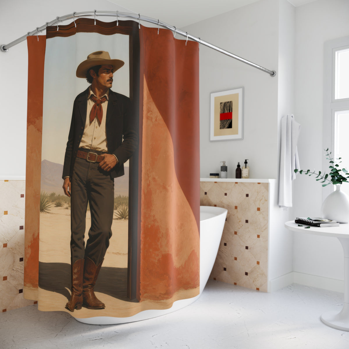 Full-length cowboy standing in a sunlit adobe doorway shower curtain beside a freestanding tub
