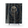 Indigo owl framed by a silver moonlit botanical medallion shower curtain, full front view