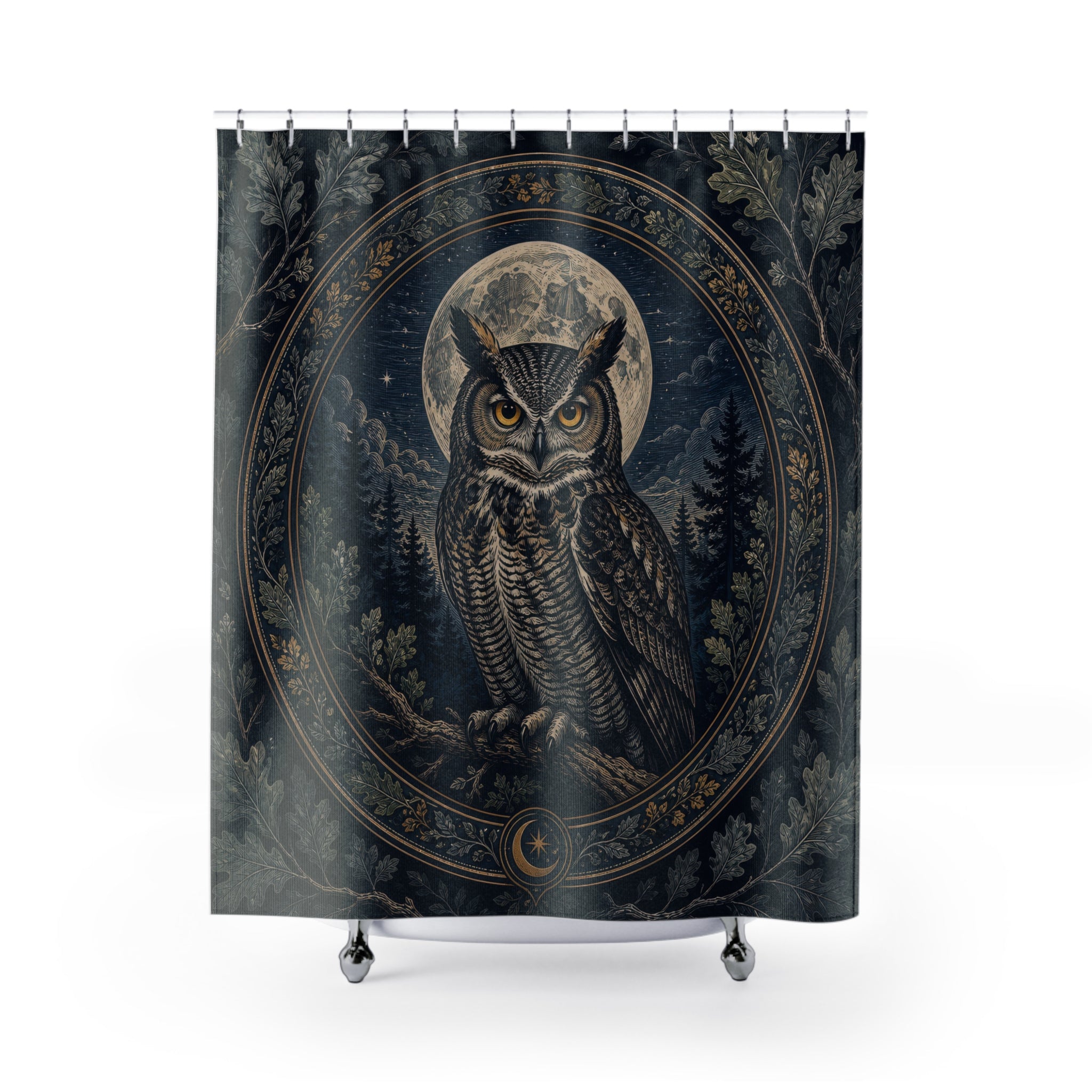 Indigo owl framed by a silver moonlit botanical medallion shower curtain, full front view