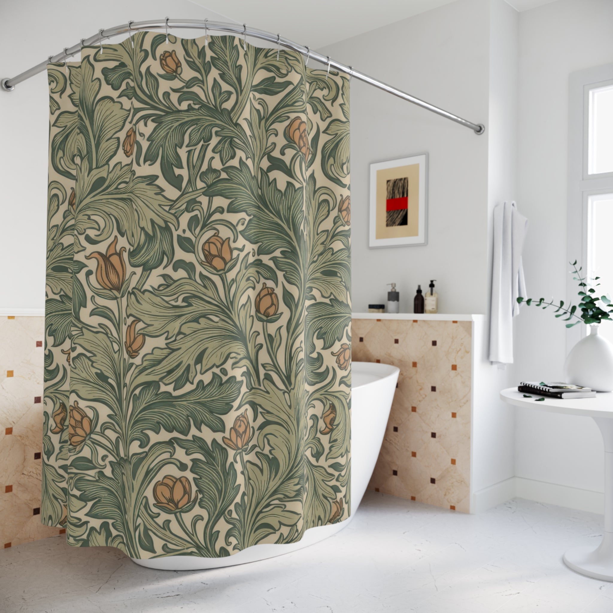 William Morris Botanical Shower Curtain – Sage Terracotta