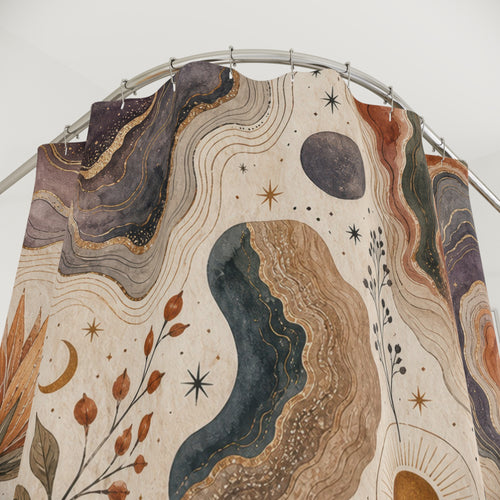 Abstract Desert Stone boho agate shower curtain with close-up print, hooks, and folds