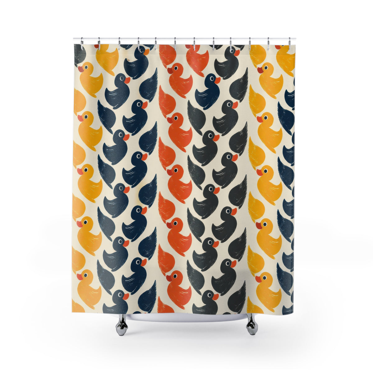 Rubber ducks in yellow orange navy and charcoal rows shower curtain with full front view