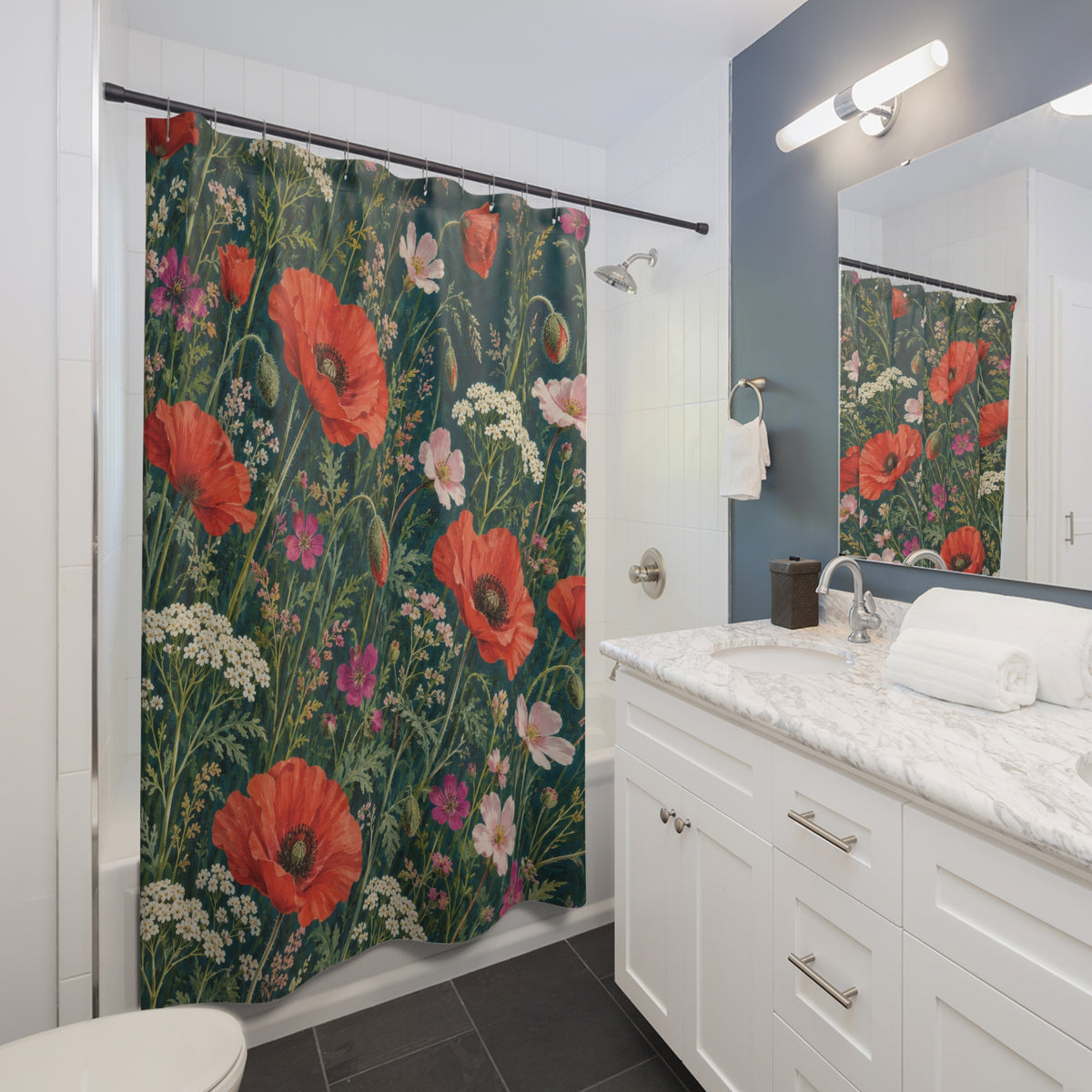 Coral poppies, pink blooms and white yarrow on deep teal shower curtain beside a white vanity