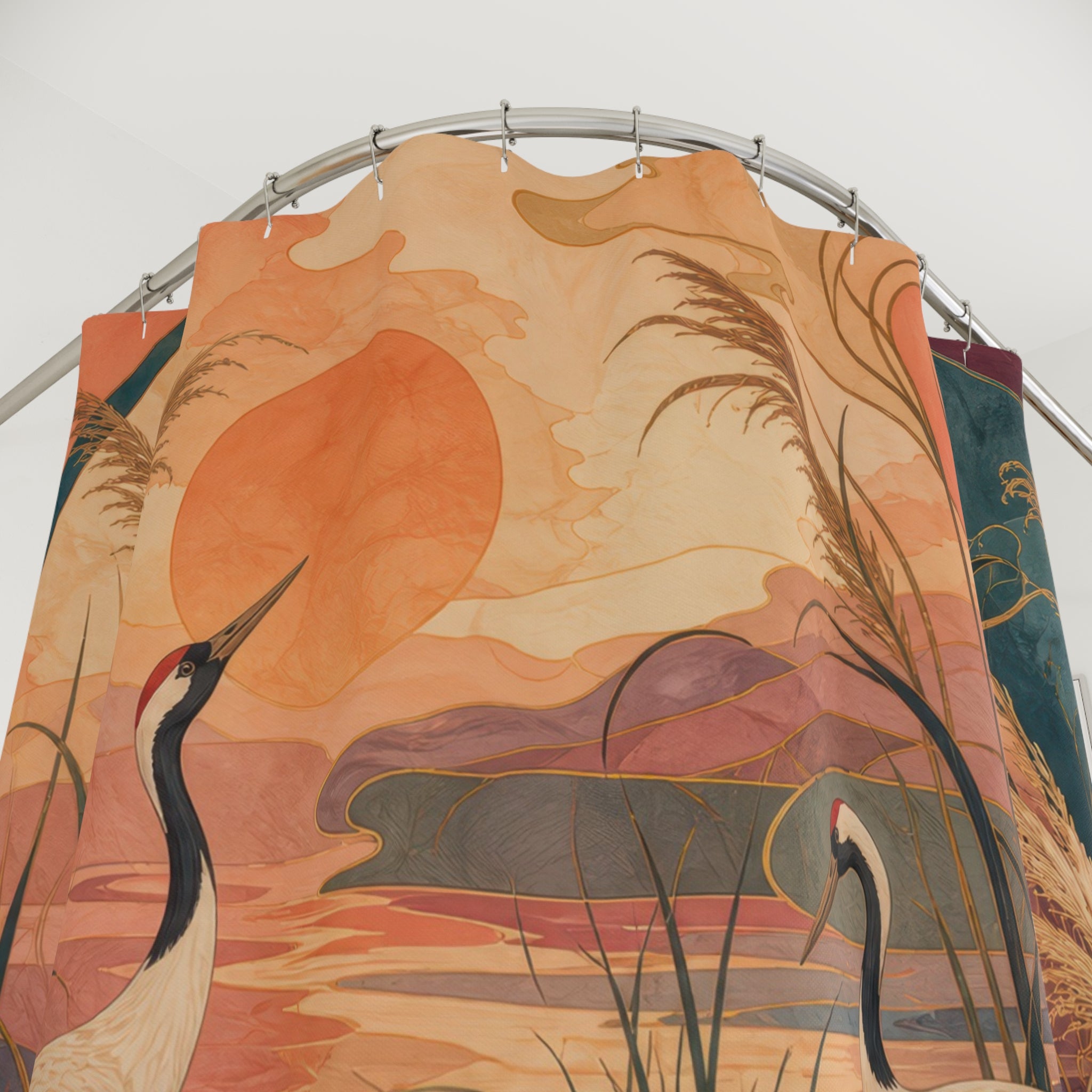 Unique Crane Shower Curtain, Sunset Marsh Bird Art, Peach Orange Wetland Decor, Serene Nature Guest Bath Accent, Warm Landscape Style
