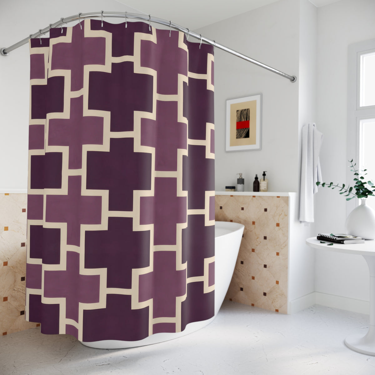 Plum crosses with cream outlines shower curtain beside a freestanding tub