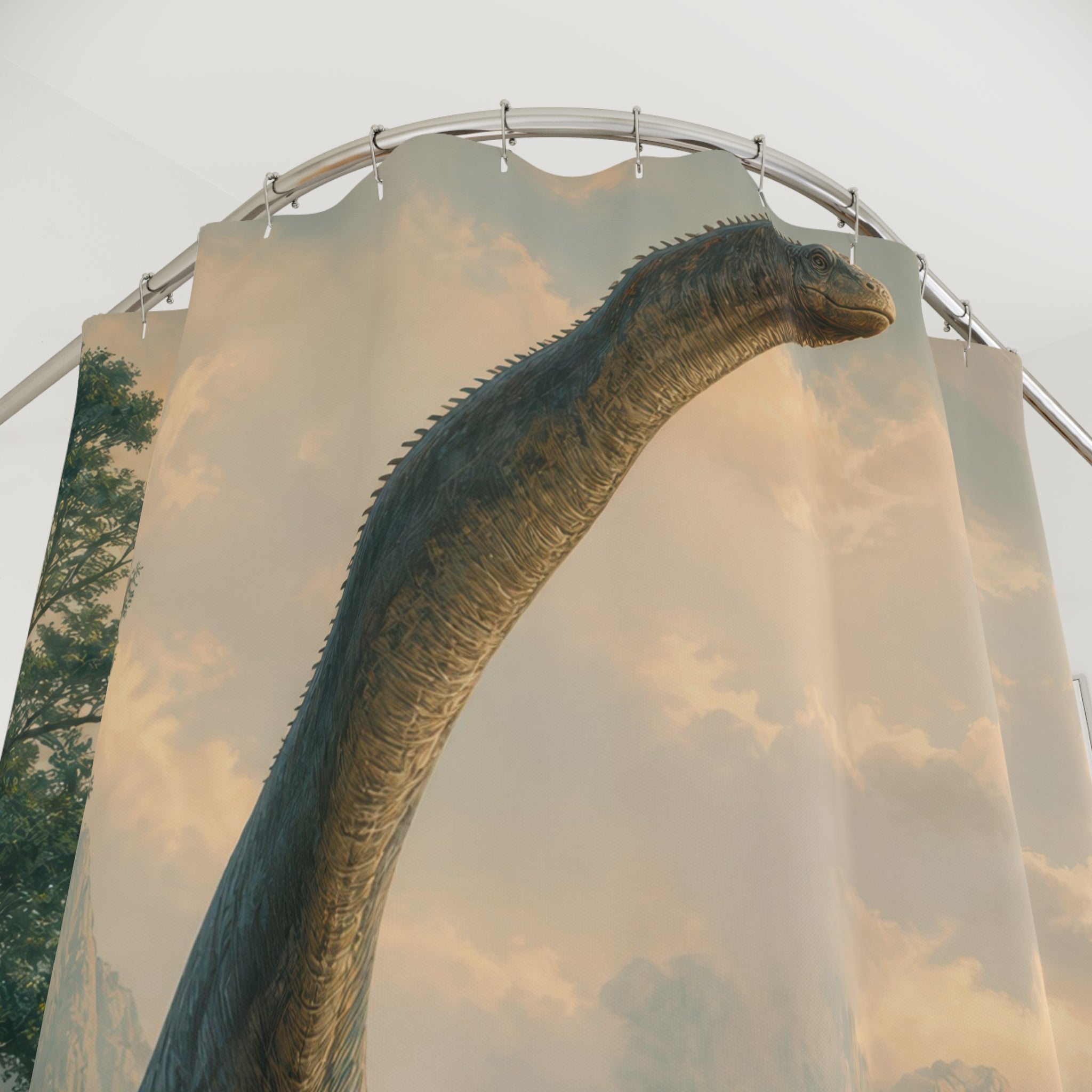 Close-up of Towering sauropod in a misty prehistoric valley shower curtain with hooks and folds
