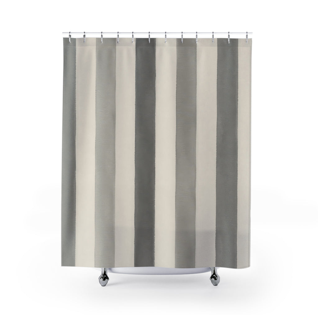Grey Awning Stripe Shower Curtain, Grey Ivory Classic Bathroom Decor, Awning Stripe Bath Curtain, Guest Bath Decor, Small Bathroom Decor