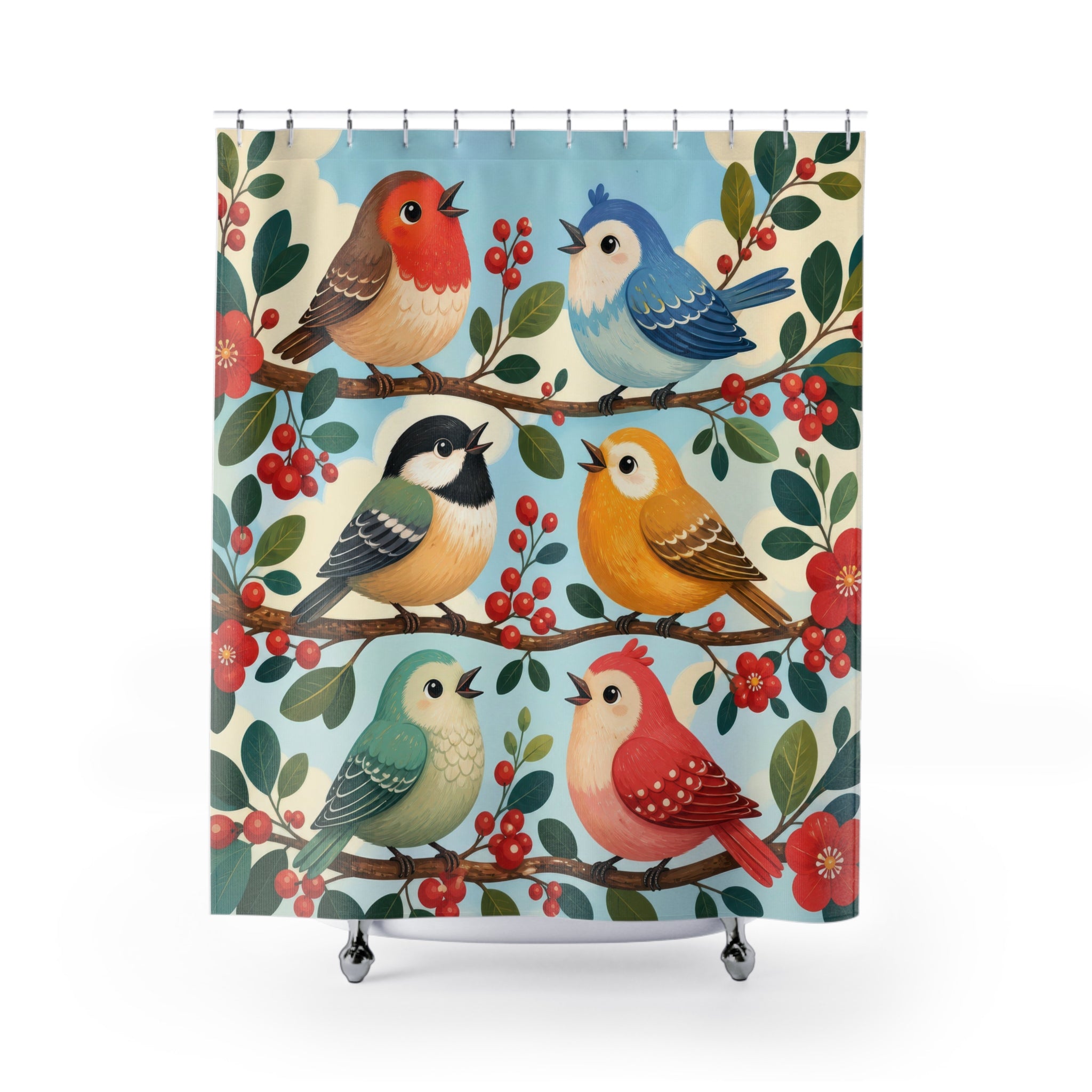 Colorful round songbirds singing on tiered berry branches shower curtain, full front view