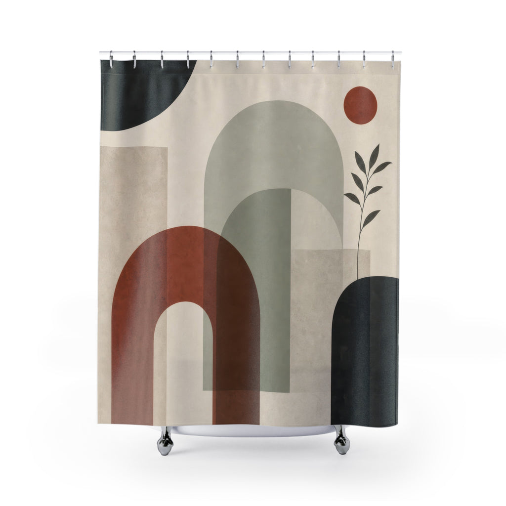 Modern Geometric Shower Curtain, Terracotta Black Beige Abstract Arches, Mid Century Art Bath Decor, Warm Minimal Bathroom, Earth Tone Style