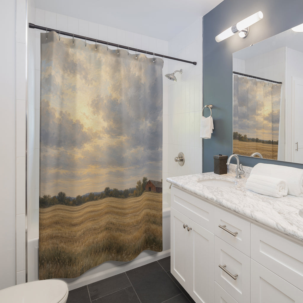 Red barn beyond golden fields shower curtain beside a white vanity