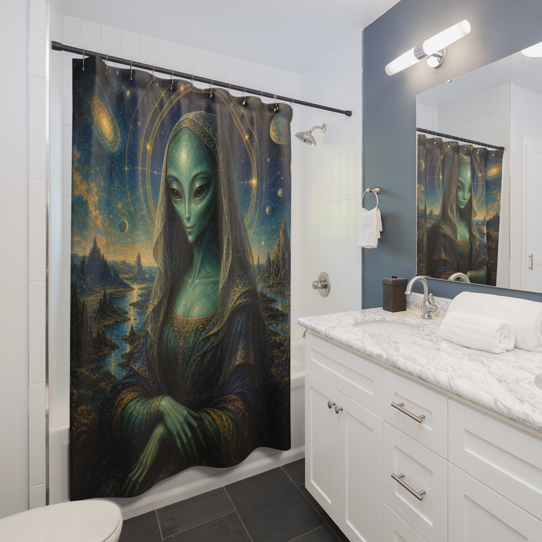 Unique Alien Shower Curtain, Celestial Mona Lisa, Blue Green Space Decor, Planet Halo Sci Fi Bathroom Accent, Cosmic Guest Bath