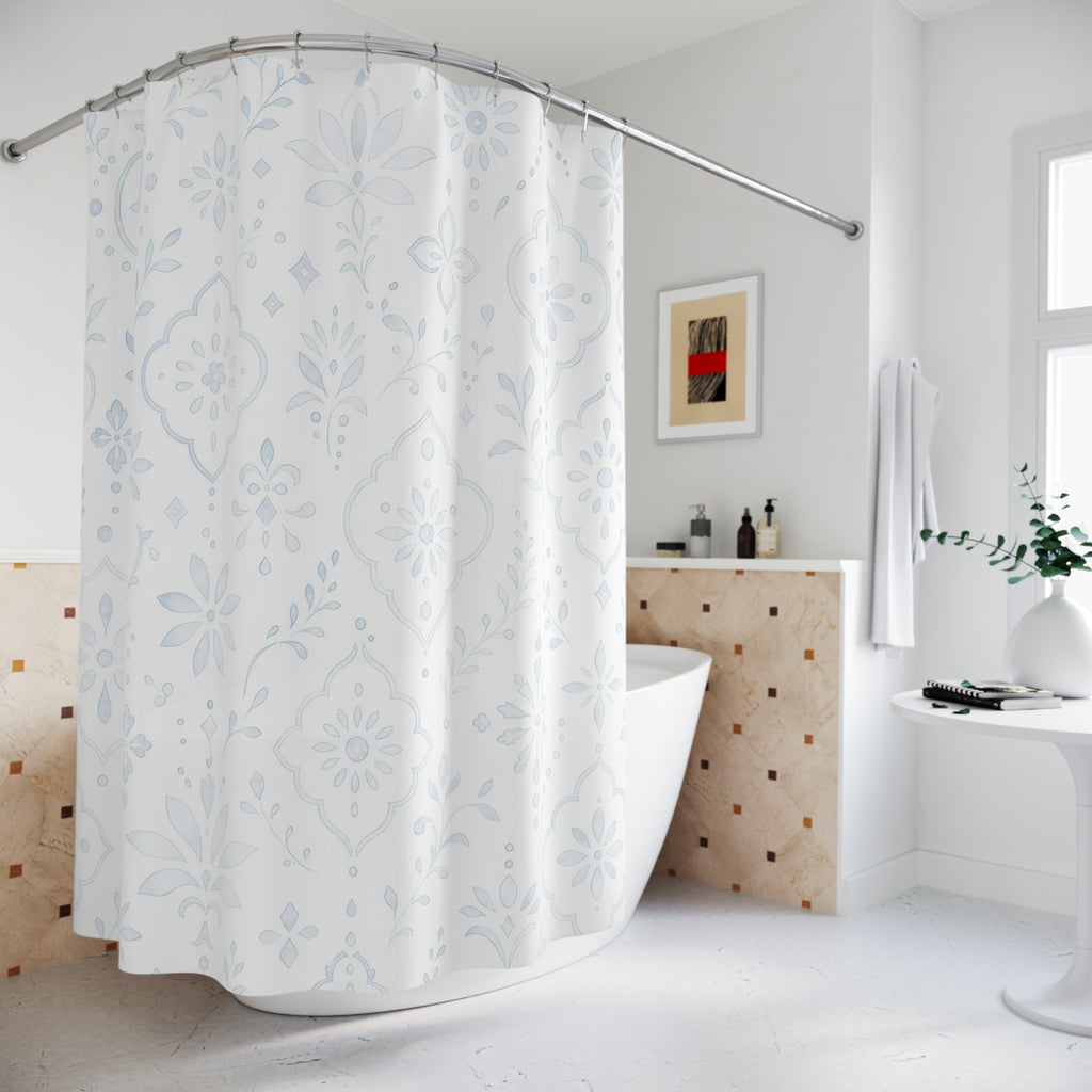 White Boho Shower Curtain, Damask Floral Bath Decor, Pale Blue Gray Ornament Pattern, Guest Bathroom Decor, Soft Classic Style, White Style