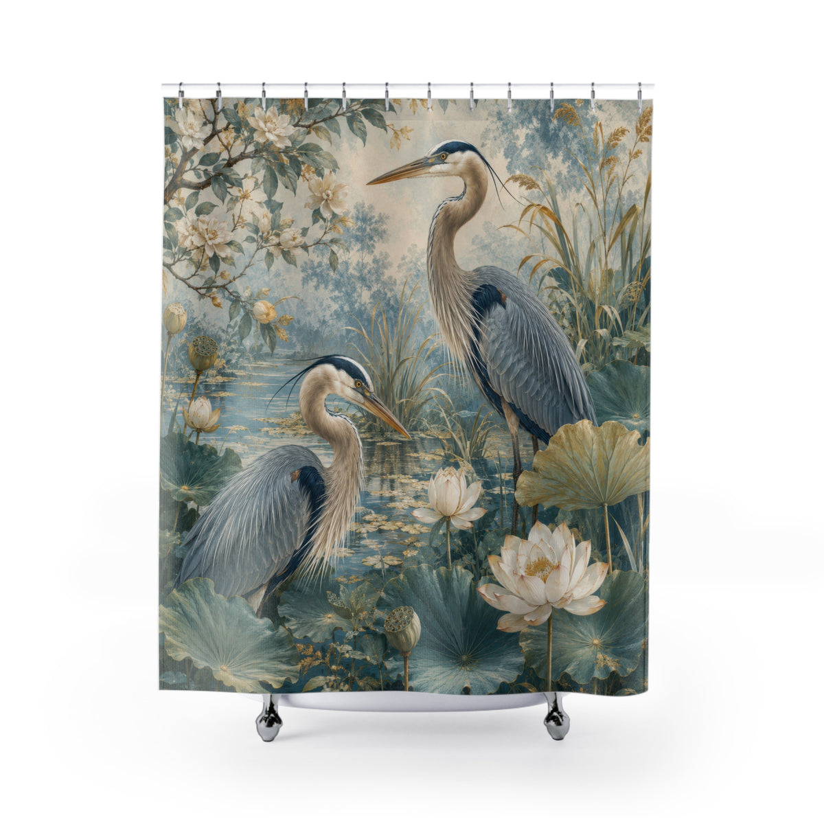 Blue Green Heron Shower Curtain: Lotus Pond Bird