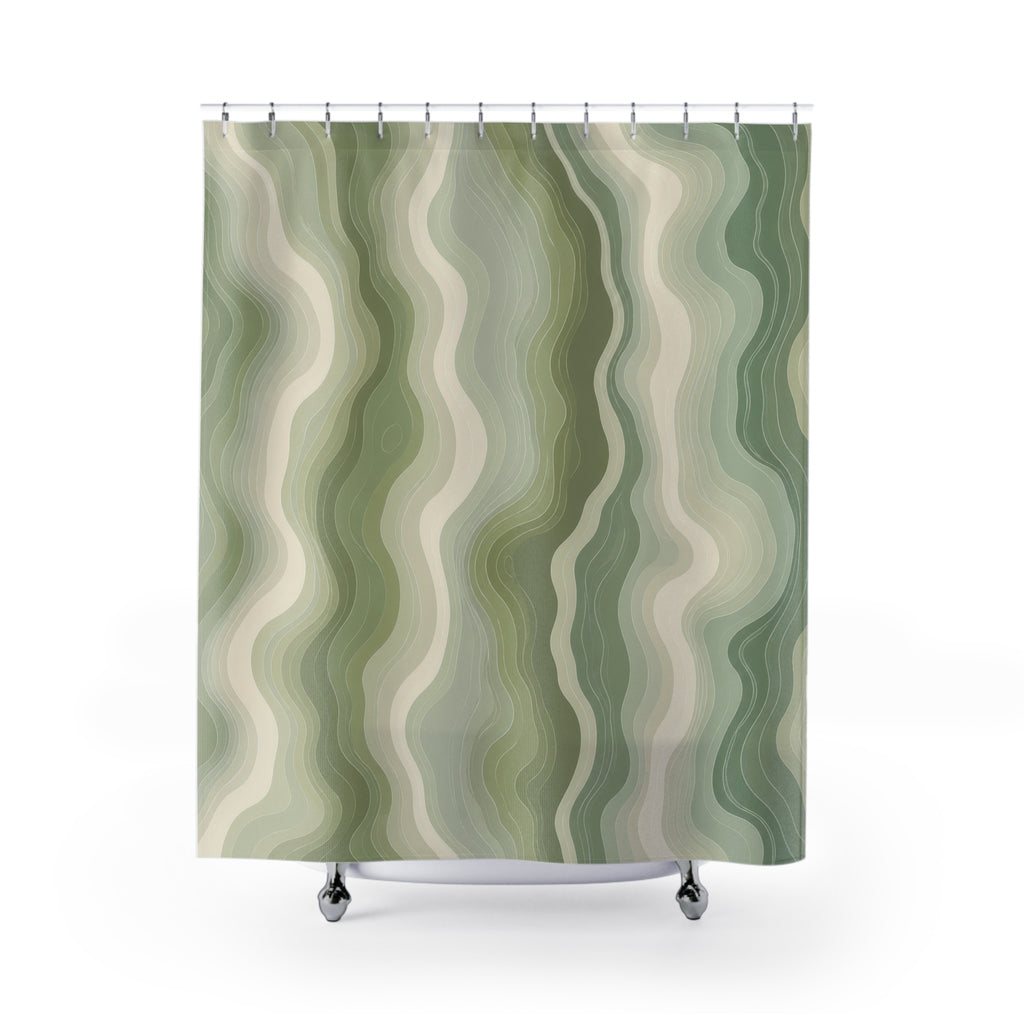 Sage green organic contour line pattern on an ivory ground shower curtain with full front view