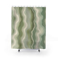 Sage green organic contour line pattern on an ivory ground shower curtain with full front view
