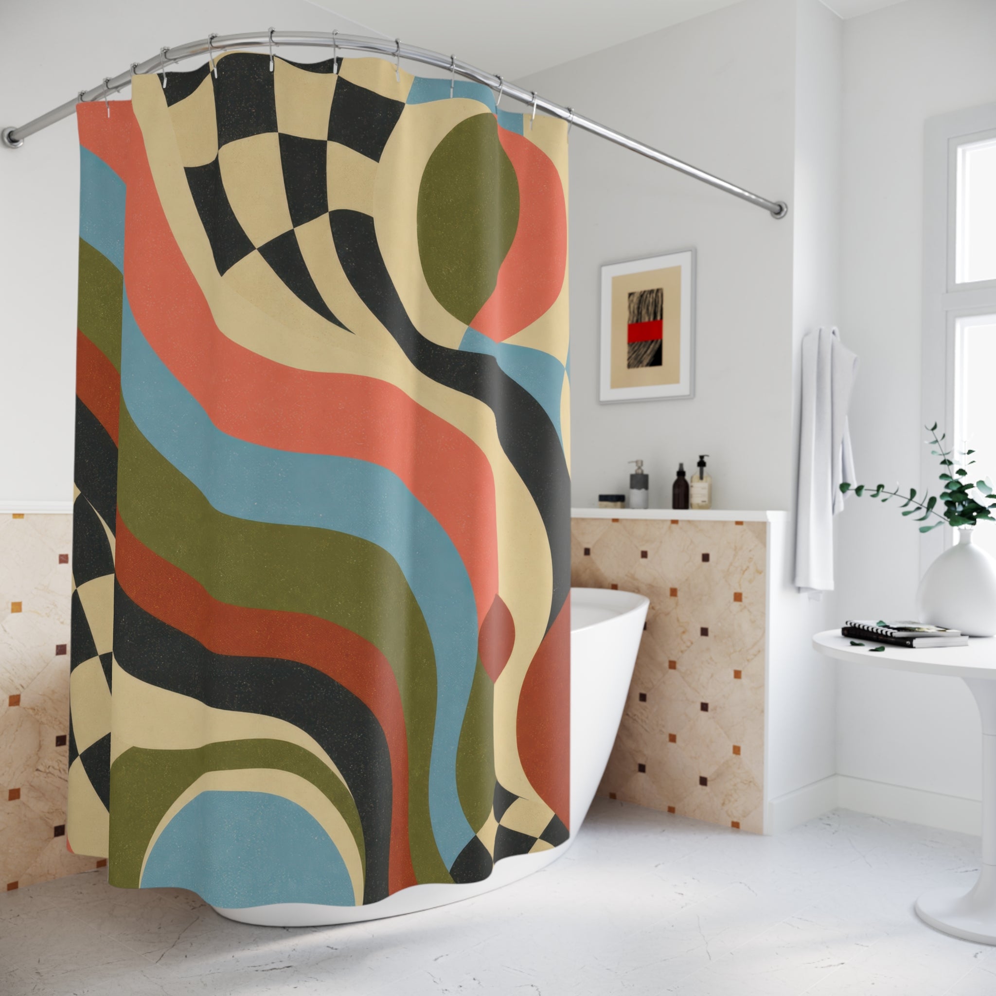 Modern Retro Shower Curtain: Colorful Wavy Checkerboard