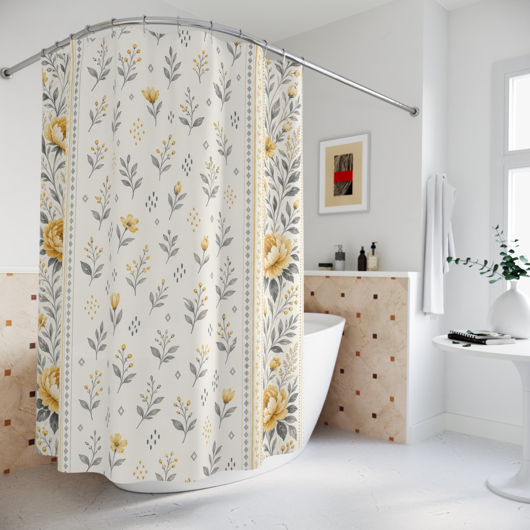 Gray Yellow Floral Shower Curtain: Gray Yellow Shower Curtain