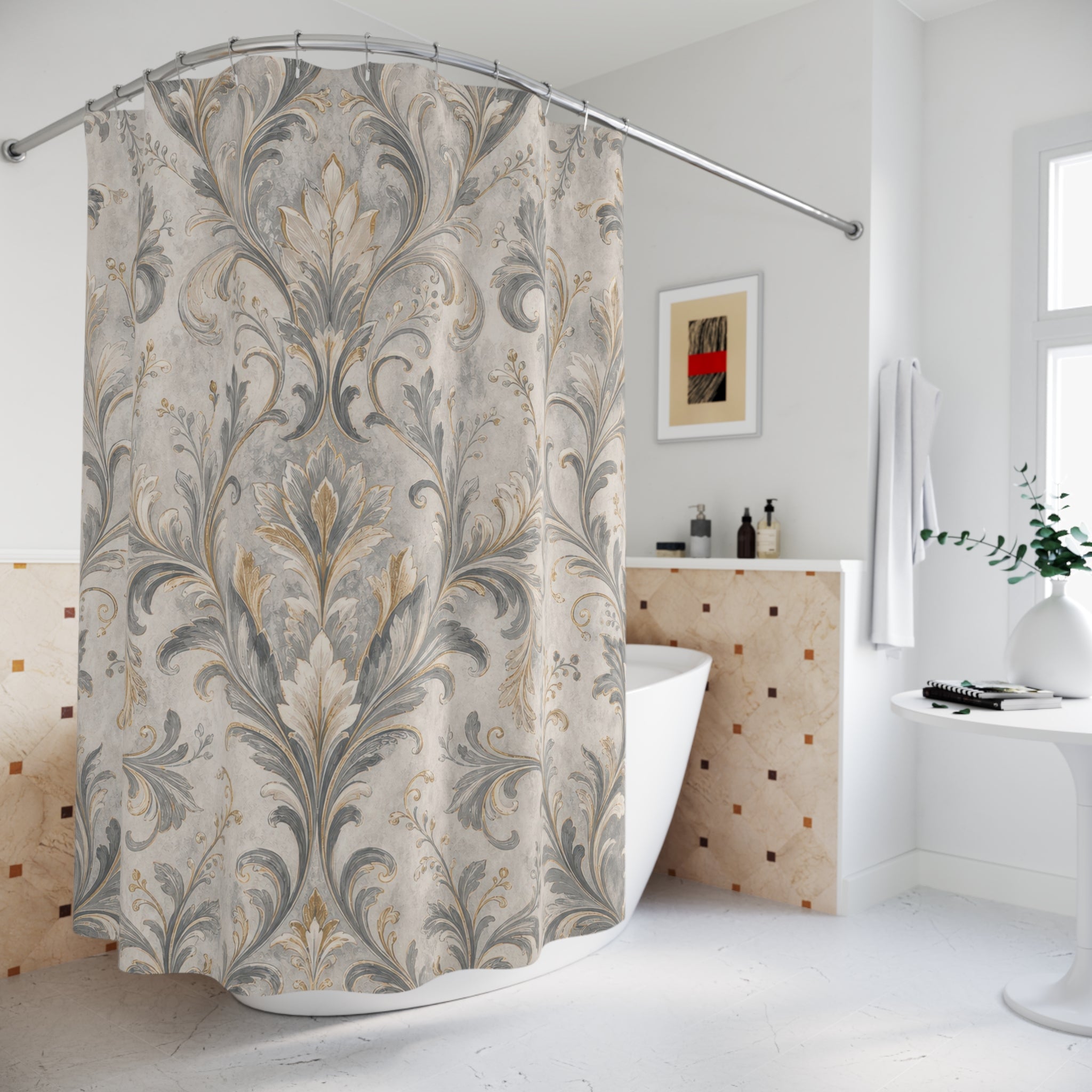 Soft Gold Grey Ornate Damask Shower Curtain