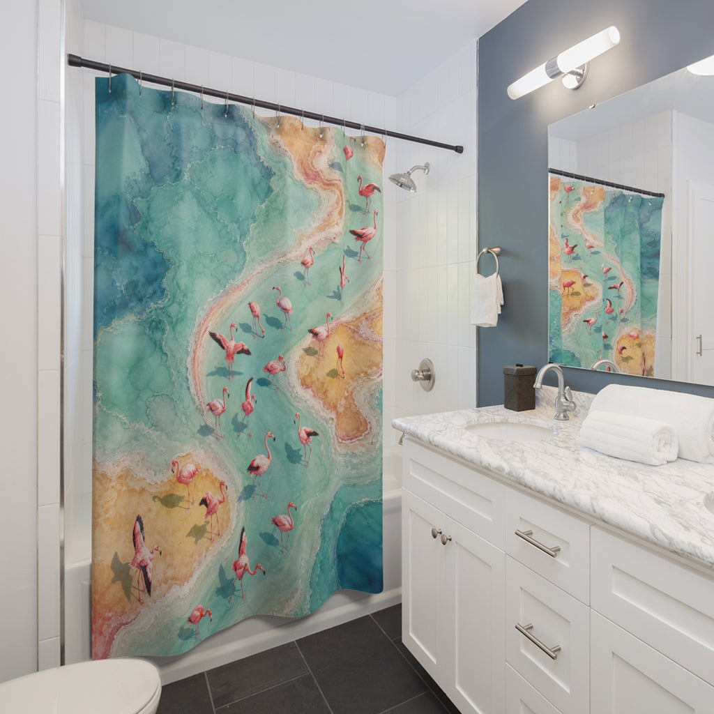 Aerial flamingo flock following an aqua tidal ribbon shower curtain beside a white vanity