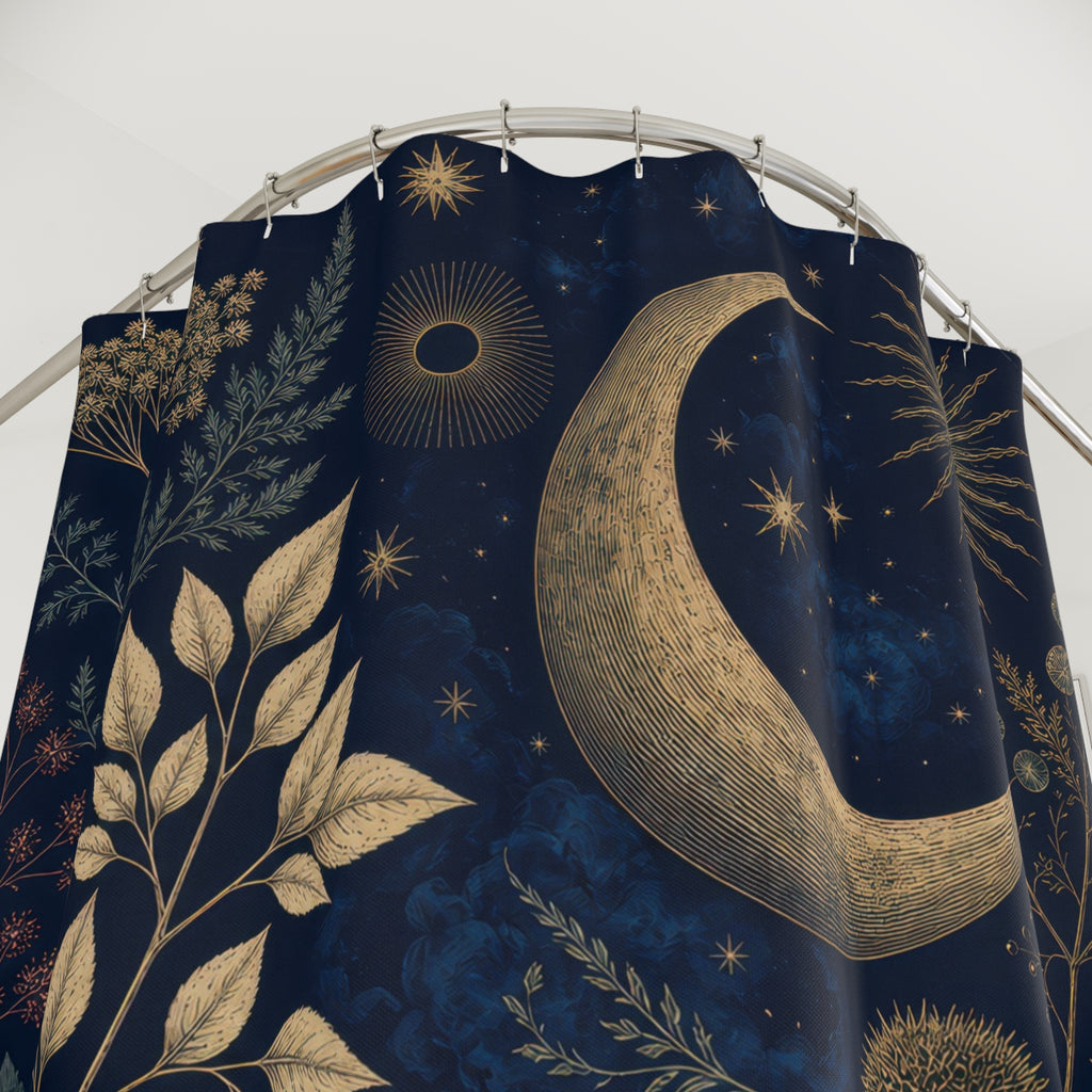 Antique Celestial Herbarium Navy Blue Shower Curtain