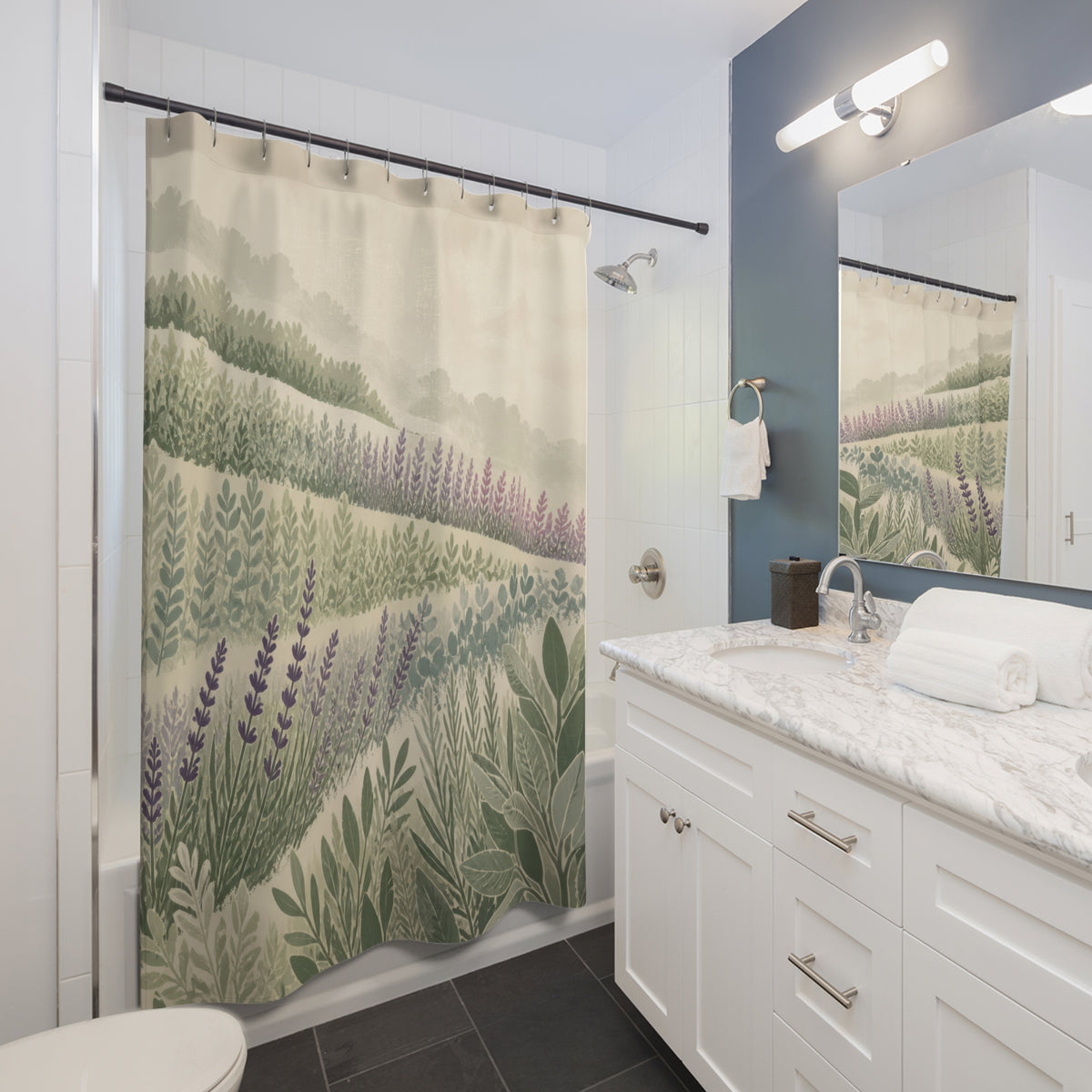 Sage terraces and lavender fields beneath a softly lit sky shower curtain beside a white vanity
