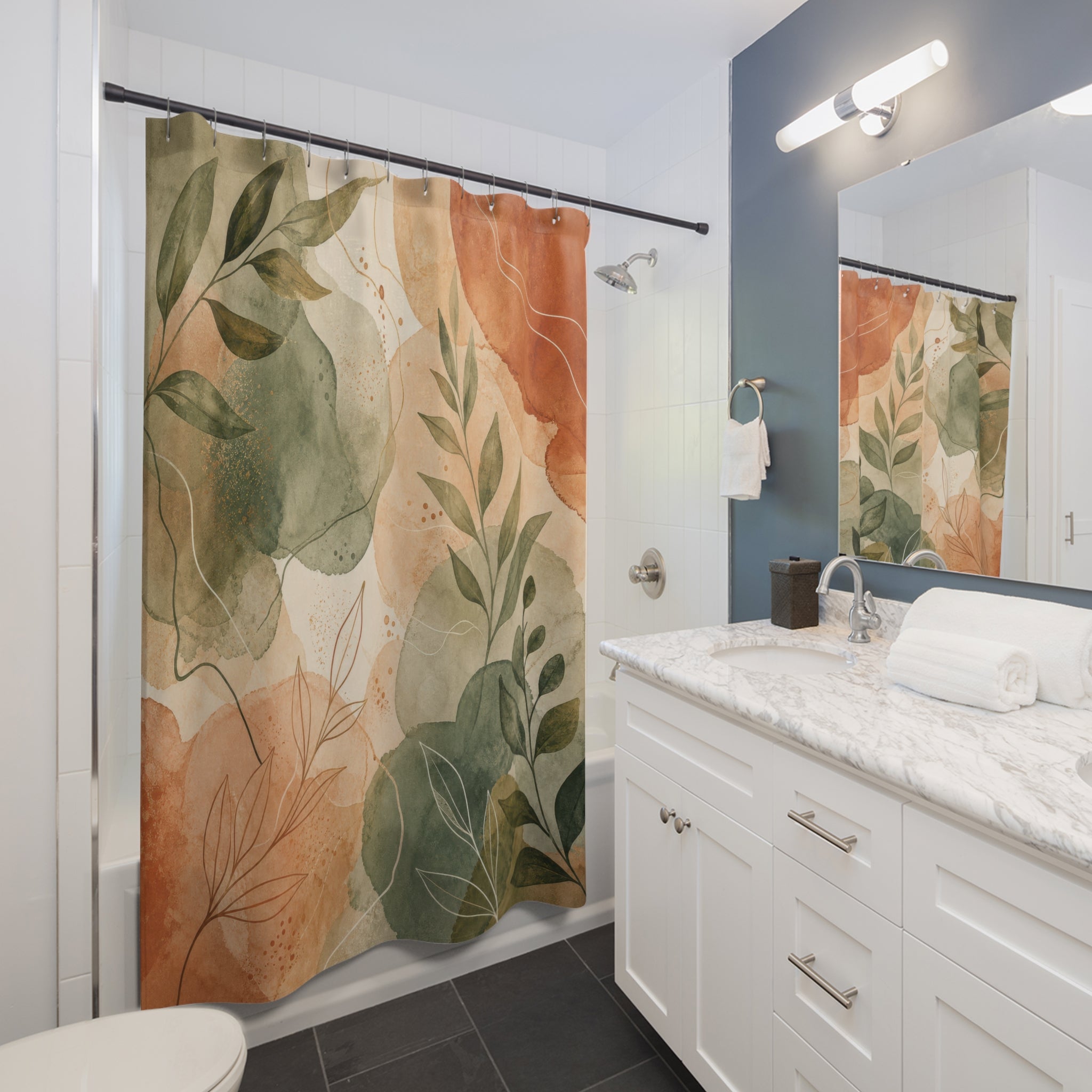 Green Botanical Terracotta Sage Watercolor Floral Shower Curtain